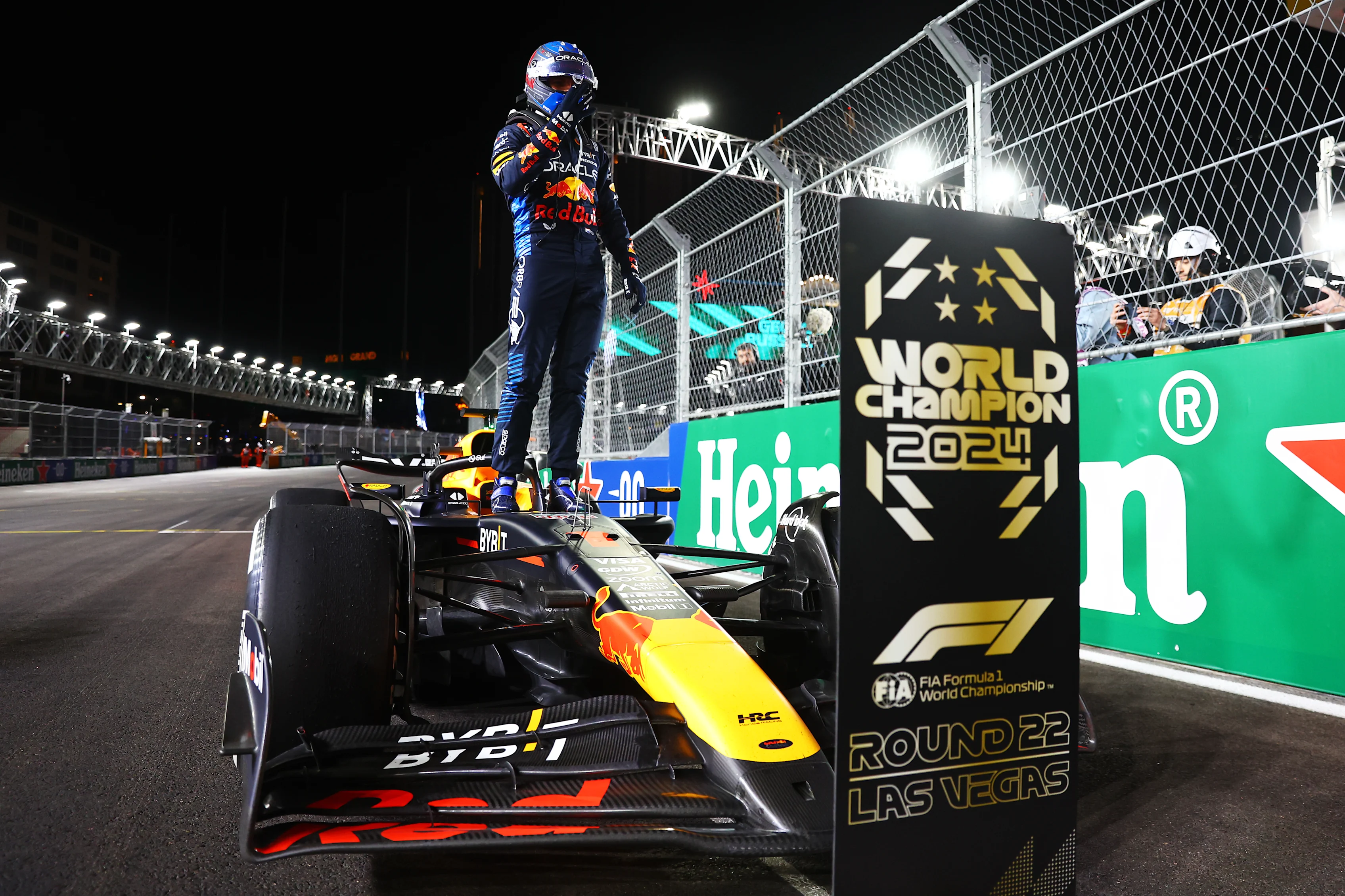 LAS VEGAS, NEVADA - NOVEMBER 23: 2024 F1 World Drivers Champion Max Verstappen of the Netherlands and Oracle Red Bull Racing celebrates in parc ferme during the F1 Grand Prix of Las Vegas at Las Vegas Strip Circuit on November 23, 2024 in Las Vegas, Nevada. (Photo by Mark Thompson/Getty Images)