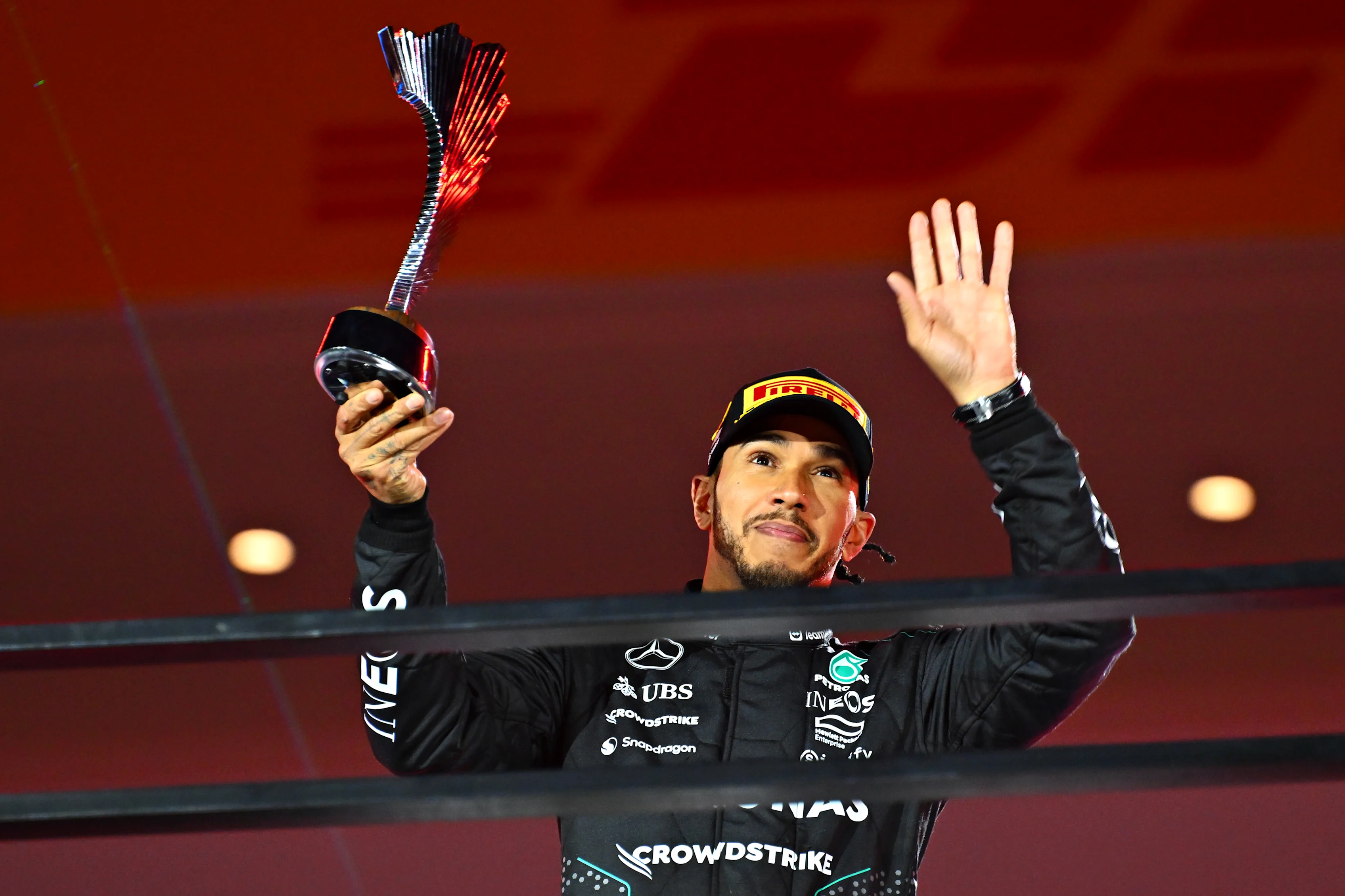 LAS VEGAS, NEVADA - NOVEMBER 23: Second placed Lewis Hamilton of Great Britain and Mercedes
