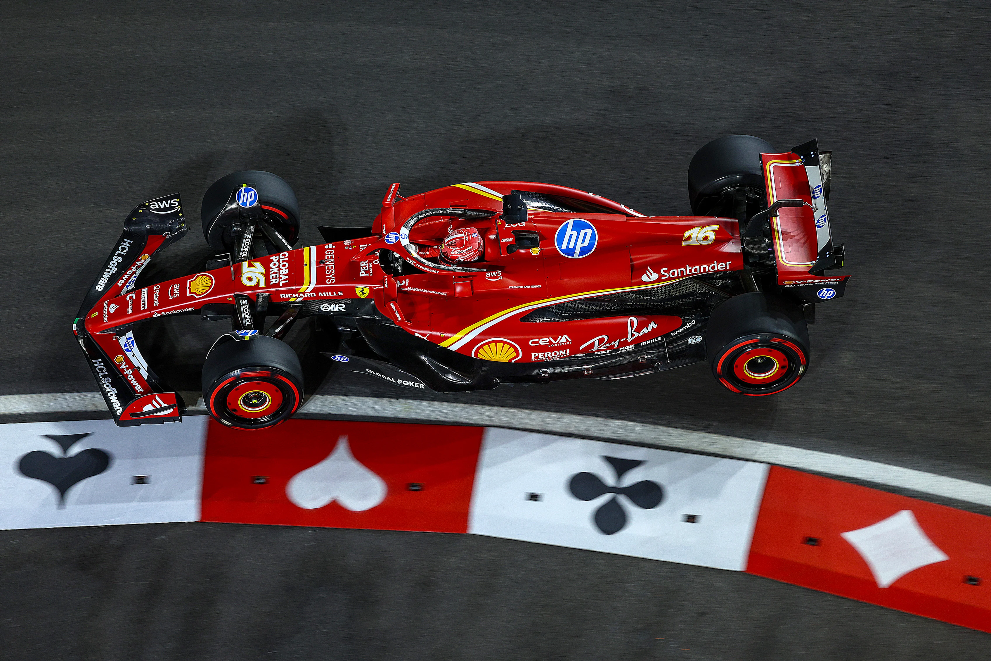 LAS VEGAS, NEVADA - NOVEMBER 21: Charles Leclerc of Monaco driving the (16) Ferrari SF-24 on track during practice ahead of the F1 Grand Prix of Las Vegas at Las Vegas Strip Circuit on November 21, 2024 in Las Vegas, Nevada. (Photo by Clive Rose - Formula 1/Formula 1 via Getty Images)