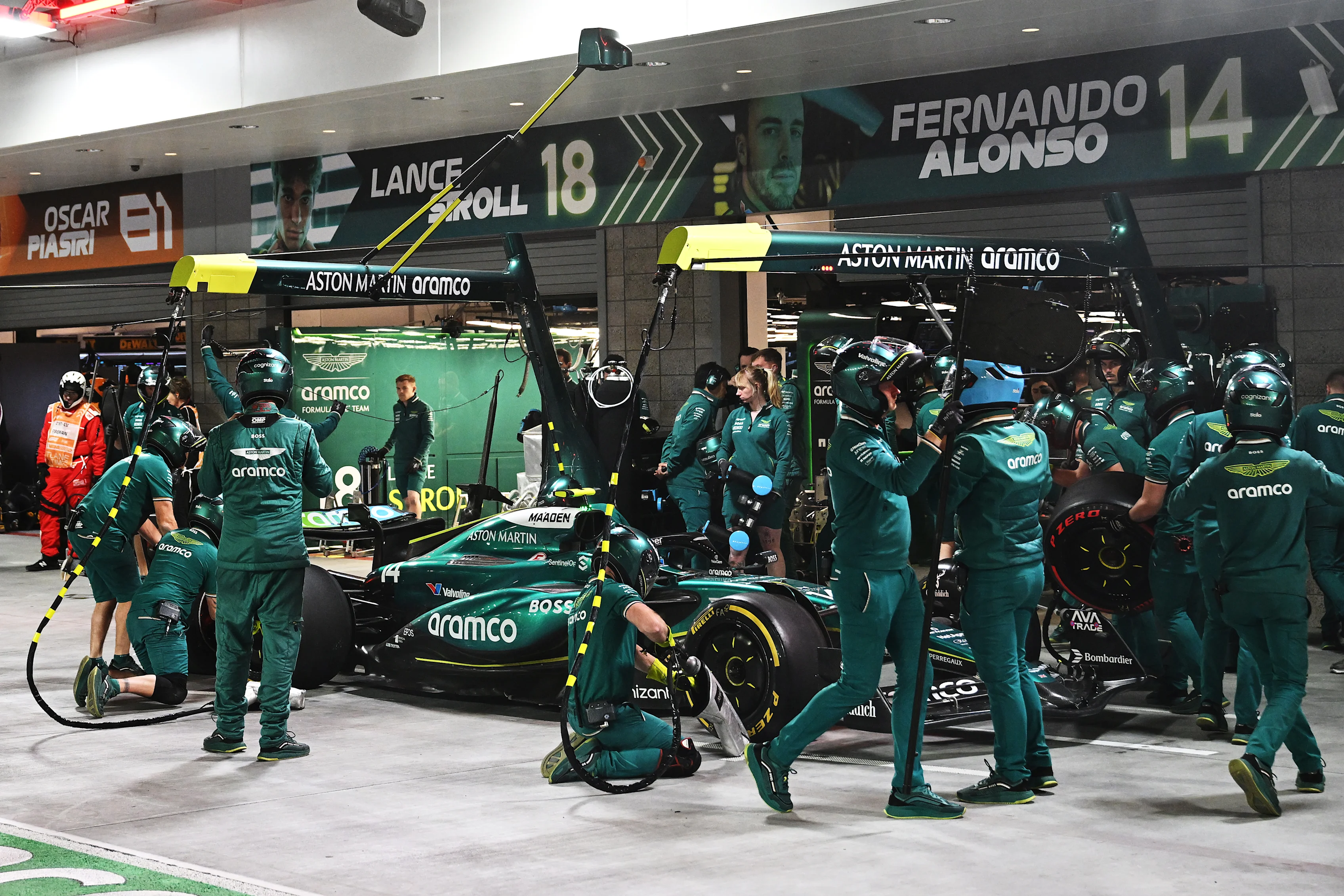 LAS VEGAS, NEVADA - NOVEMBER 21: Fernando Alonso of Spain driving the (14) Aston Martin AMR24 Mercedes makes a pitstop during practice ahead of the F1 Grand Prix of Las Vegas at Las Vegas Strip Circuit on November 21, 2024 in Las Vegas, Nevada. (Photo by Mark Sutton - Formula 1/Formula 1 via Getty Images)
