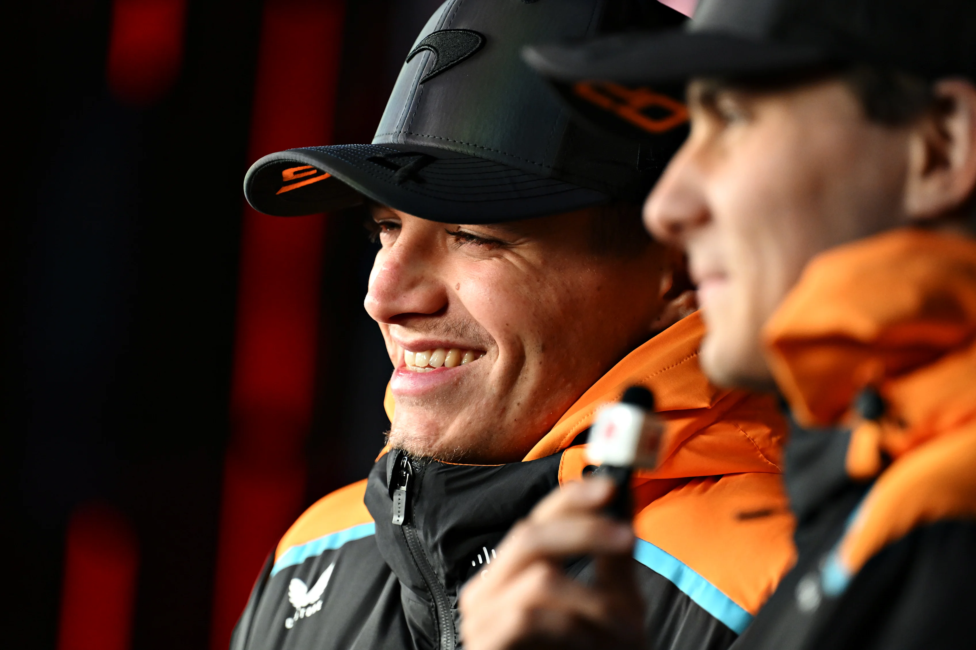 LAS VEGAS, NEVADA - NOVEMBER 20: Lando Norris talks to the media in the Paddock during previews ahead of the F1 Grand Prix of Las Vegas at Las Vegas Strip Circuit on November 20, 2024. (Photo by Mark Sutton - Formula 1/Formula 1 via Getty Images)