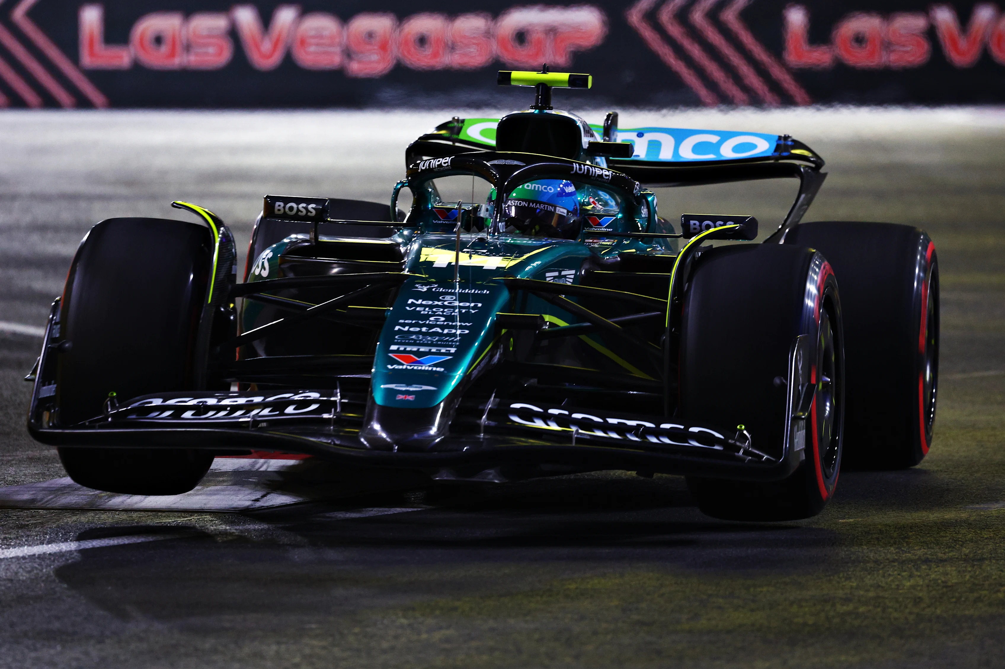 LAS VEGAS, NEVADA - NOVEMBER 22: Fernando Alonso of Spain driving the (14) Aston Martin AMR24 Mercedes on track during final practice ahead of the F1 Grand Prix of Las Vegas at Las Vegas Strip Circuit on November 22, 2024 in Las Vegas, Nevada. (Photo by Clive Rose - Formula 1/Formula 1 via Getty Images)