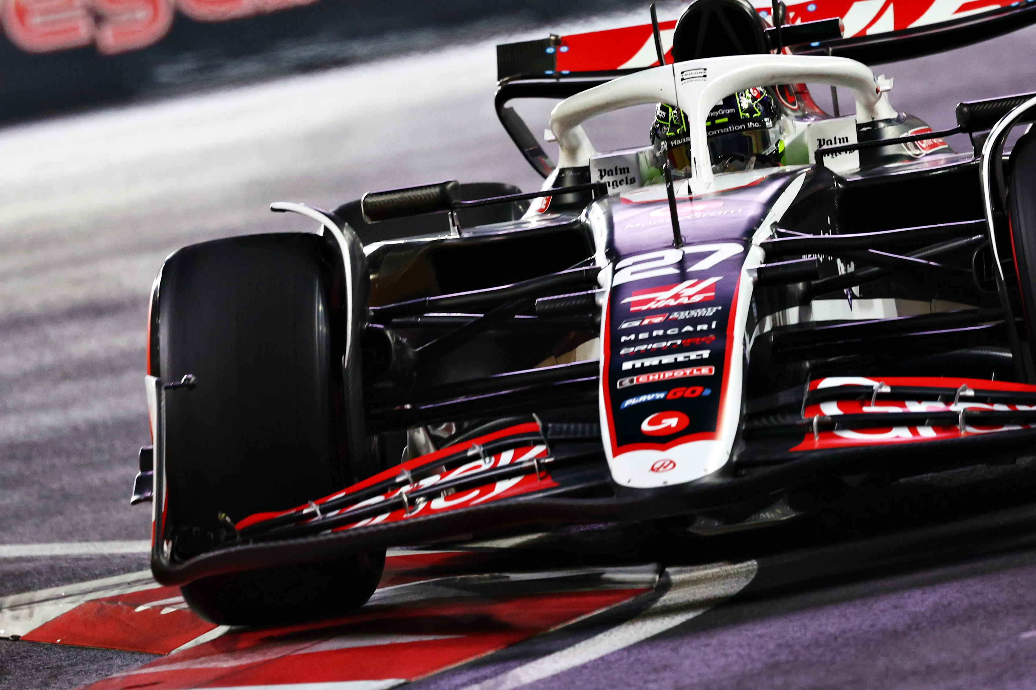 LAS VEGAS, NEVADA - NOVEMBER 22: Nico Hulkenberg of Germany driving the (27) Haas F1 VF-24 Ferrari on track during final practice ahead of the F1 Grand Prix of Las Vegas at Las Vegas Strip Circuit on November 22, 2024 in Las Vegas, Nevada. (Photo by Clive Rose - Formula 1/Formula 1 via Getty Images)