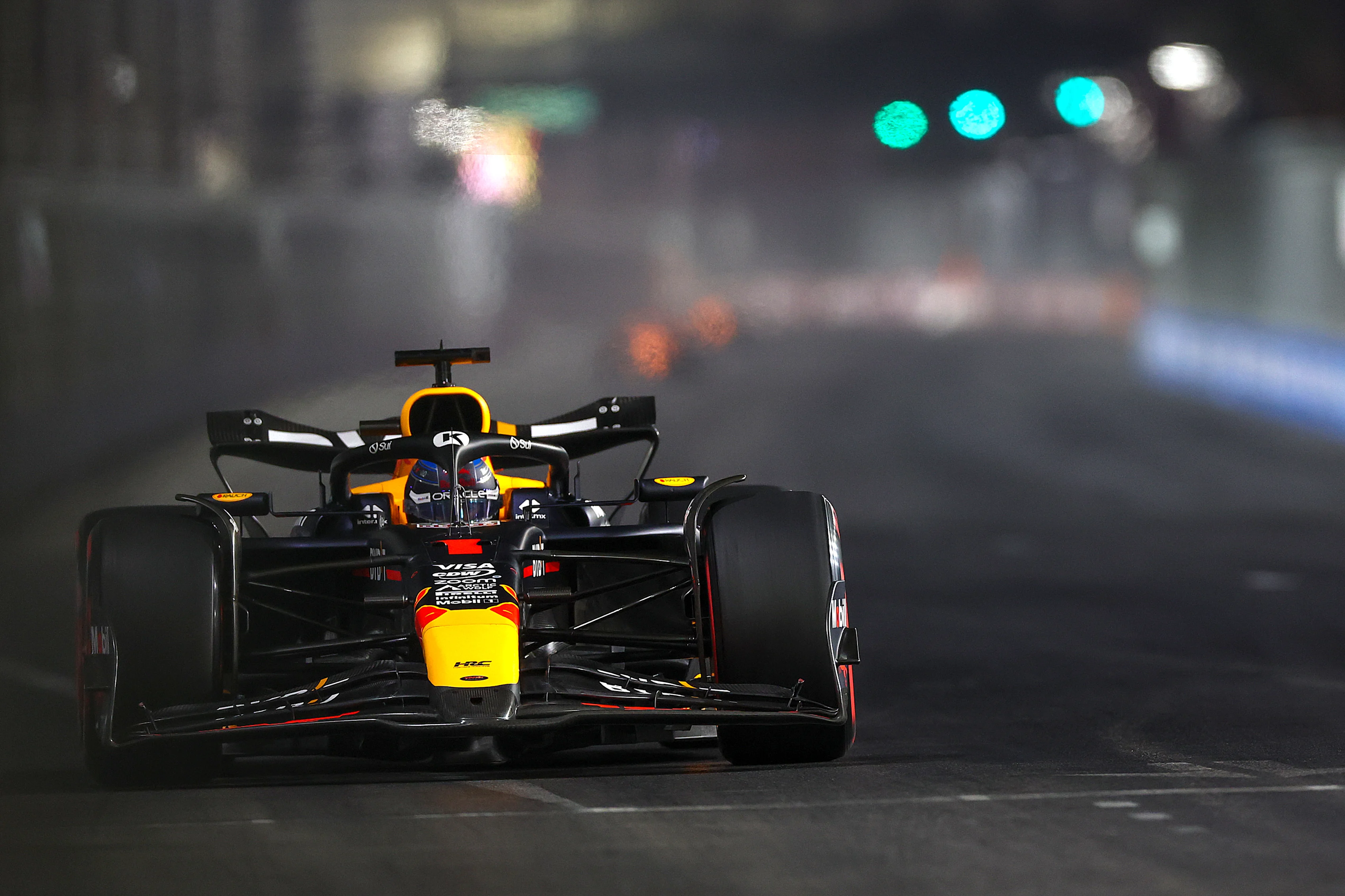 LAS VEGAS, NEVADA - NOVEMBER 22: Max Verstappen of the Netherlands driving the (1) Oracle Red Bull
