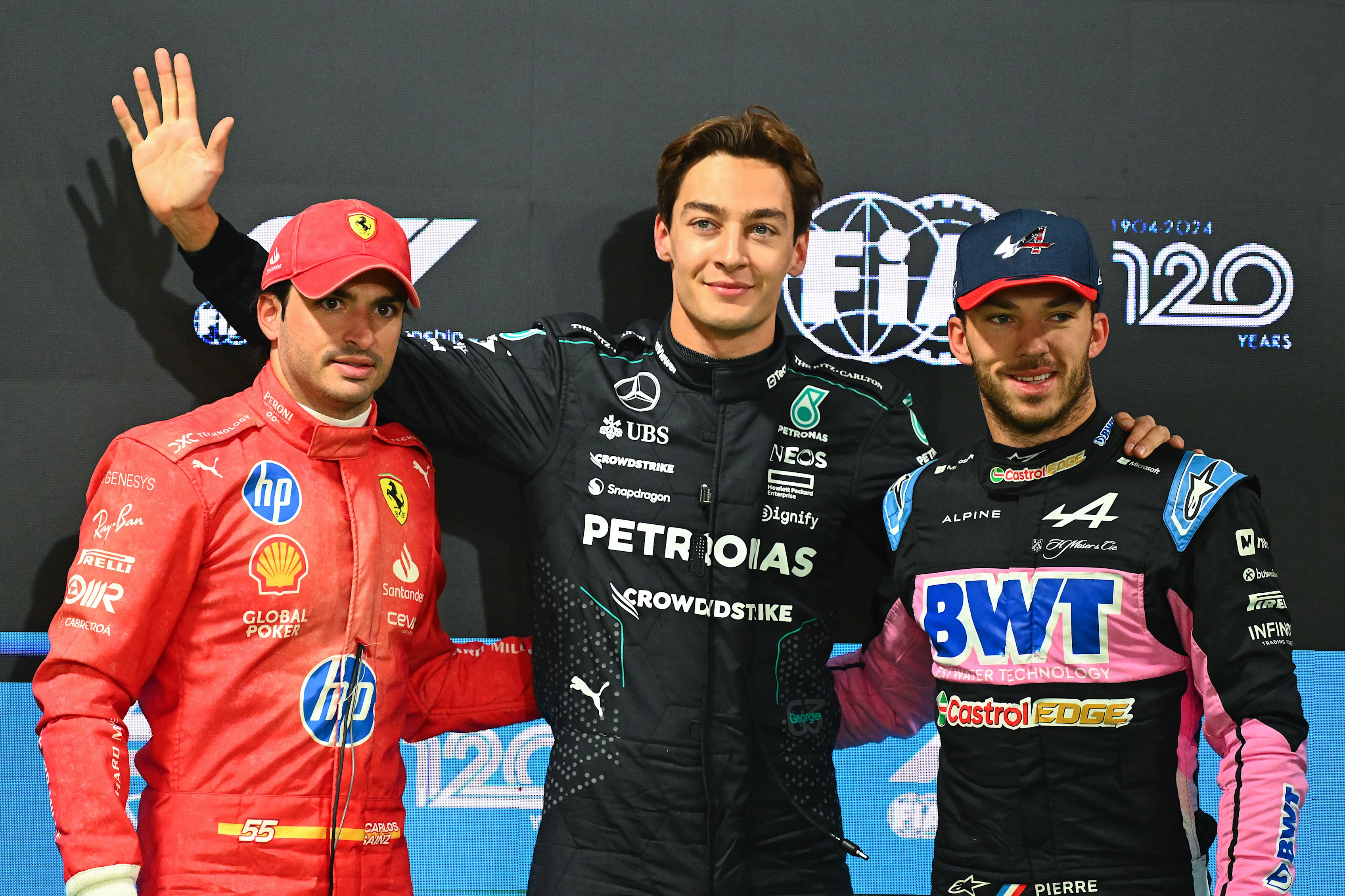 LAS VEGAS, NEVADA - NOVEMBER 22: Polesitter George Russell (C), Second placed Carlos Sainz (L) and Third placed Pierre Gasly (R) pose during qualifying on November 22, 2024 in Las Vegas, Nevada. (Photo by Mark Sutton - Formula 1/Formula 1 via Getty Images)