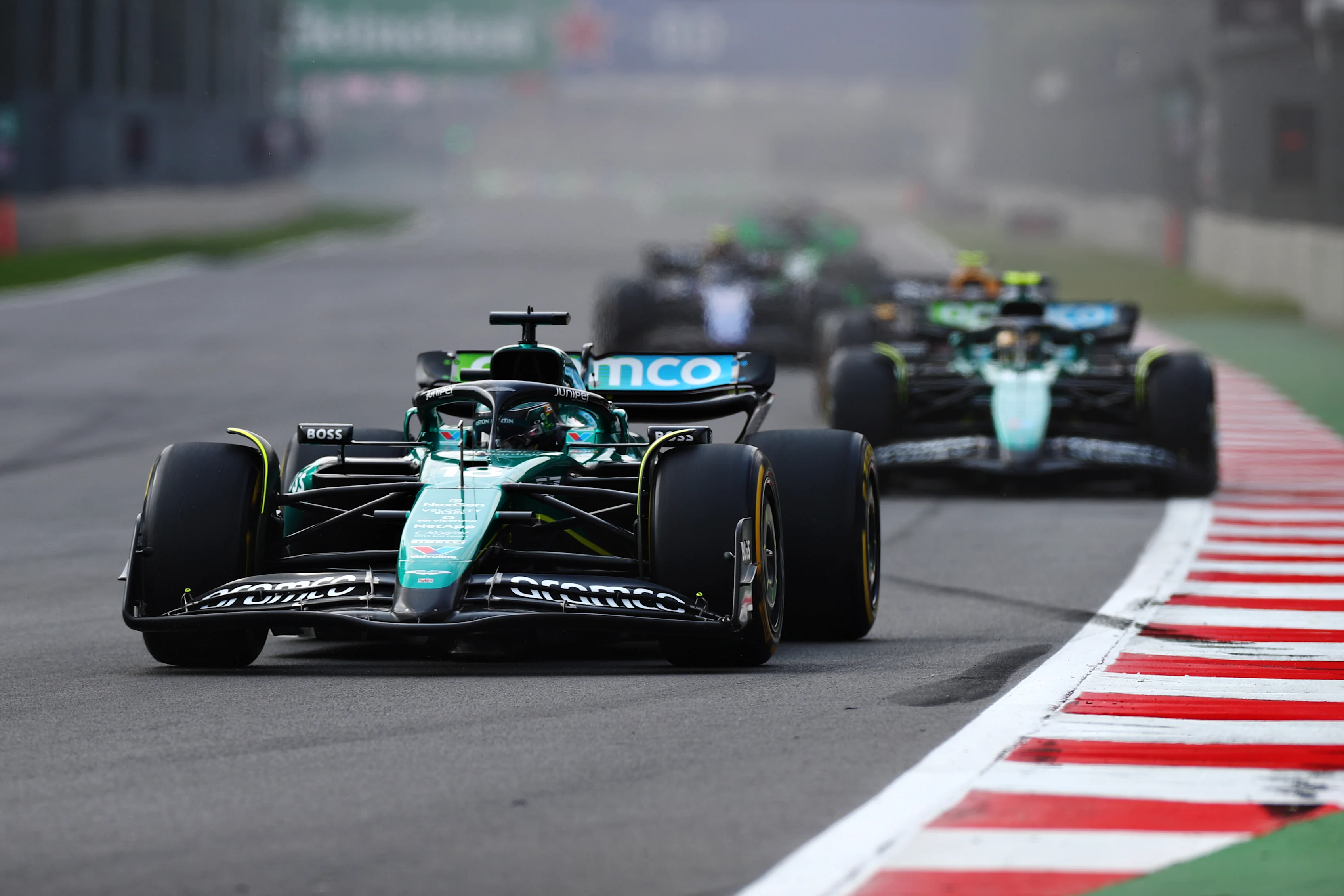 MEXICO CITY, MEXICO - OCTOBER 27: Lance Stroll leads Fernando Alonso on track during the F1 Grand Prix of Mexico on October 27, 2024 in Mexico City, Mexico. (Photo by Peter Fox - Formula 1/Formula 1 via Getty Images)