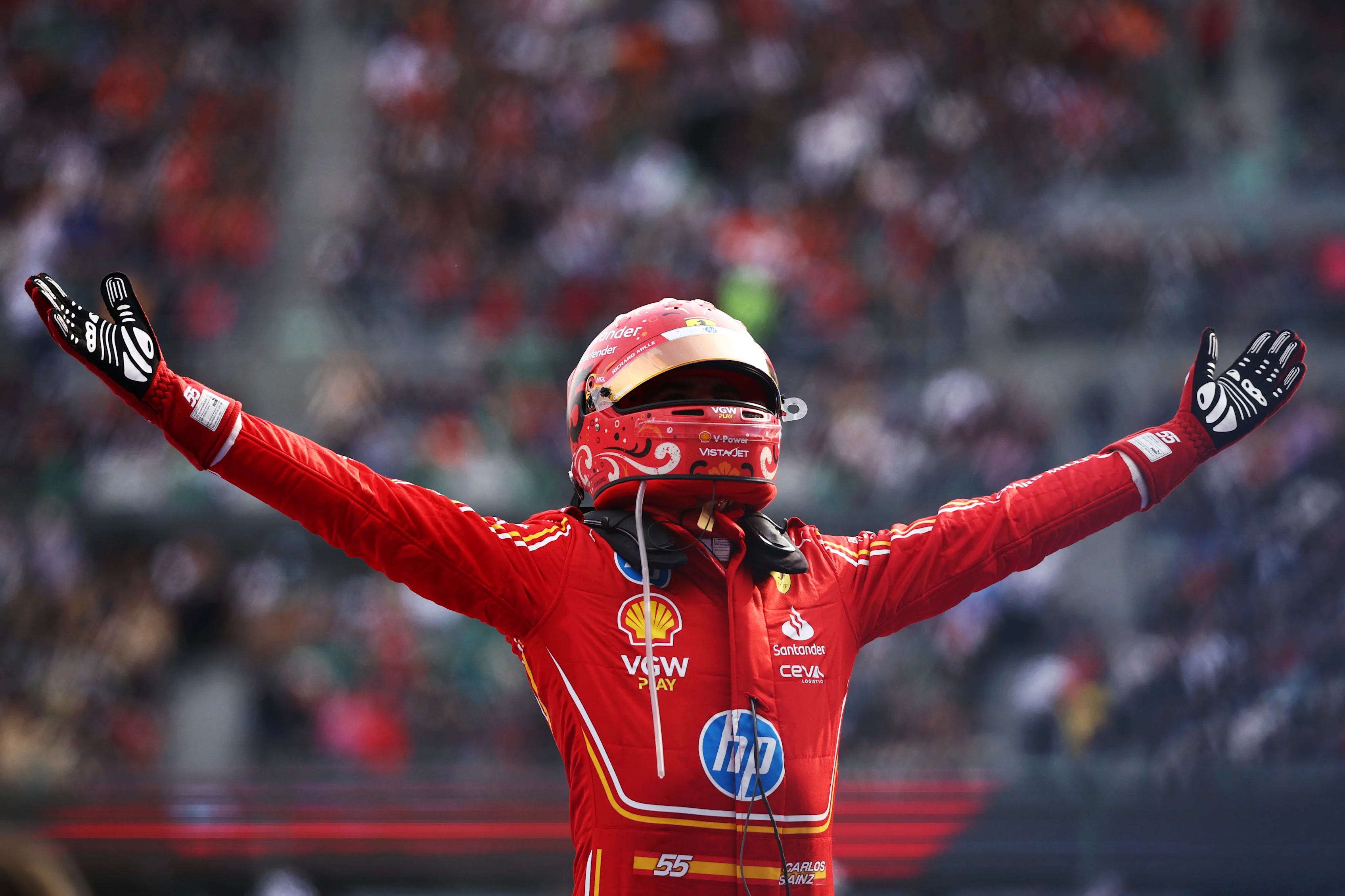 MEXICO CITY, MEXICO - OCTOBER 27: Race winner Carlos Sainz of Spain and Ferrari celebrates in parc ferme during the F1 Grand Prix of Mexico at Autodromo Hermanos Rodriguez on October 27, 2024 in Mexico City, Mexico. (Photo by Jared C. Tilton/Getty Images)
