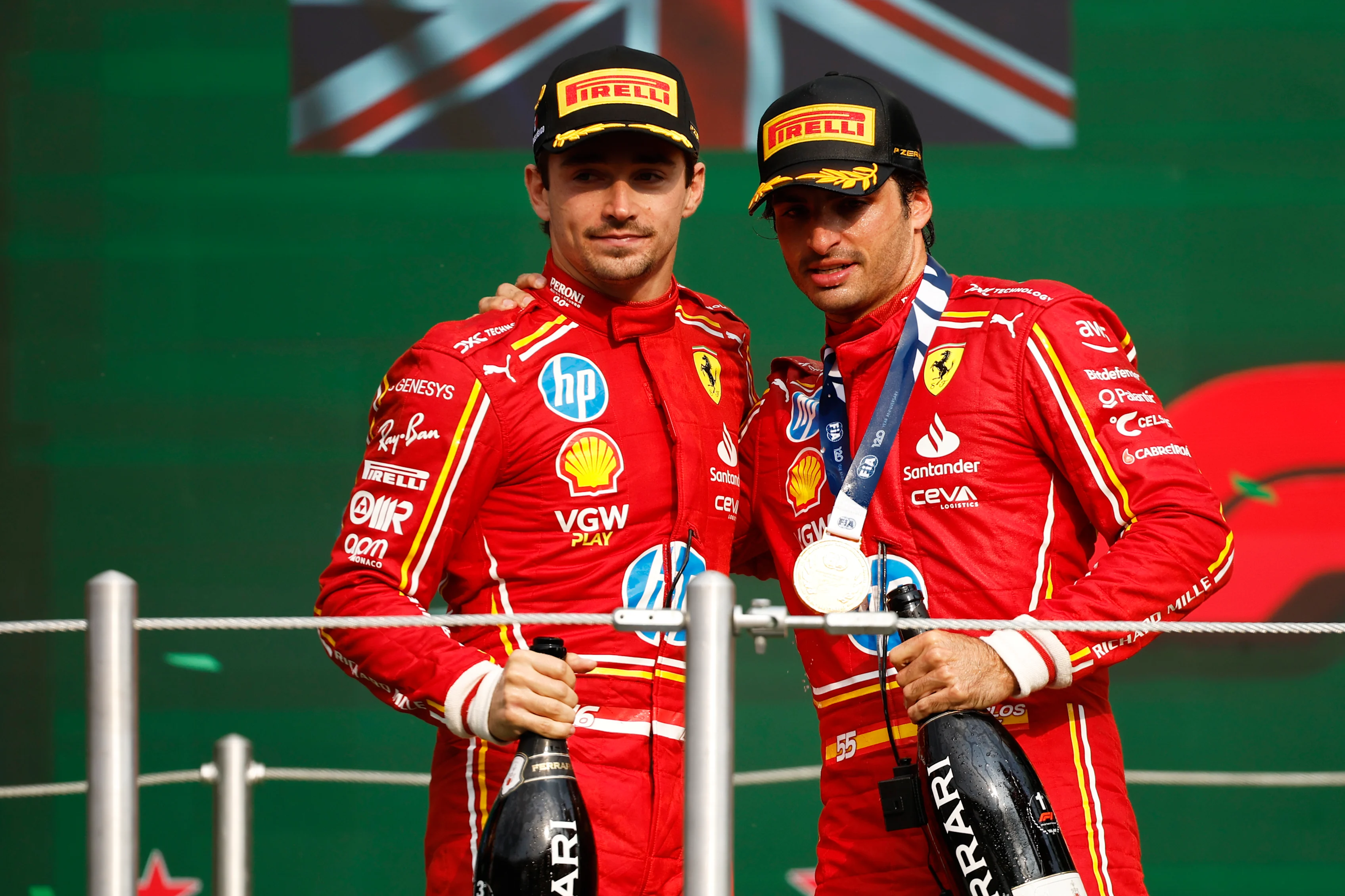 MEXICO CITY, MEXICO - OCTOBER 27: Race winner Carlos Sainz and Charles Leclerc celebrate on the podium after the F1 Grand Prix of Mexico at Autodromo Hermanos Rodriguez on October 27, 2024 in Mexico City, Mexico. (Photo by Chris Graythen/Getty Images)