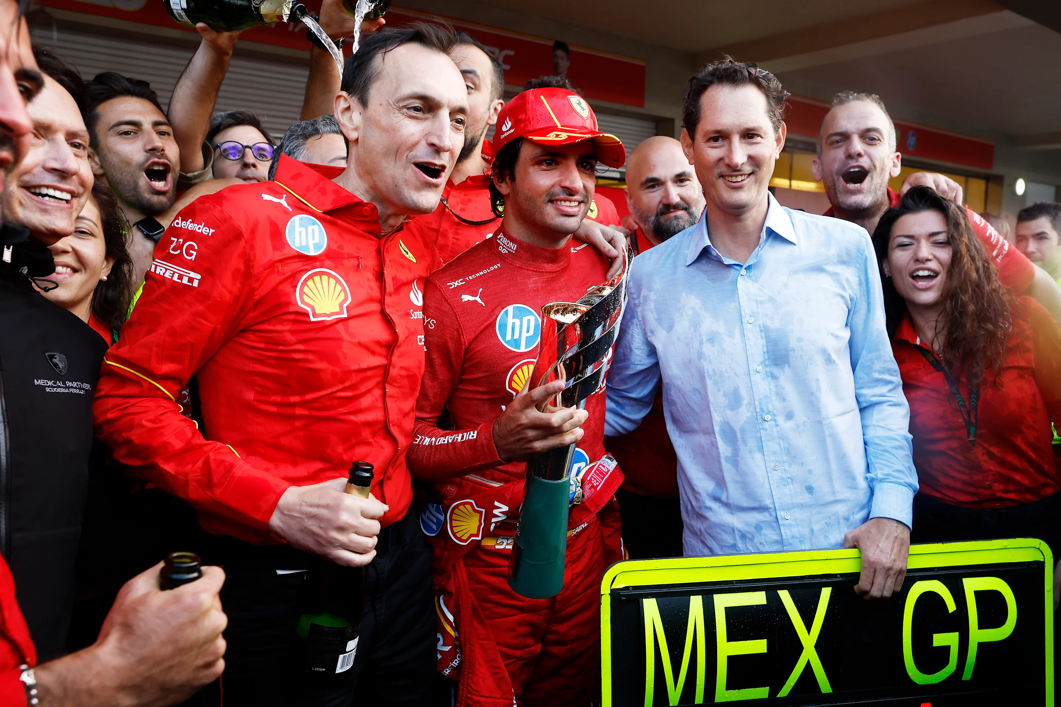 MEXICO CITY, MEXICO - OCTOBER 27: Race winner Carlos Sainz of Spain and Ferrari celebrates with his