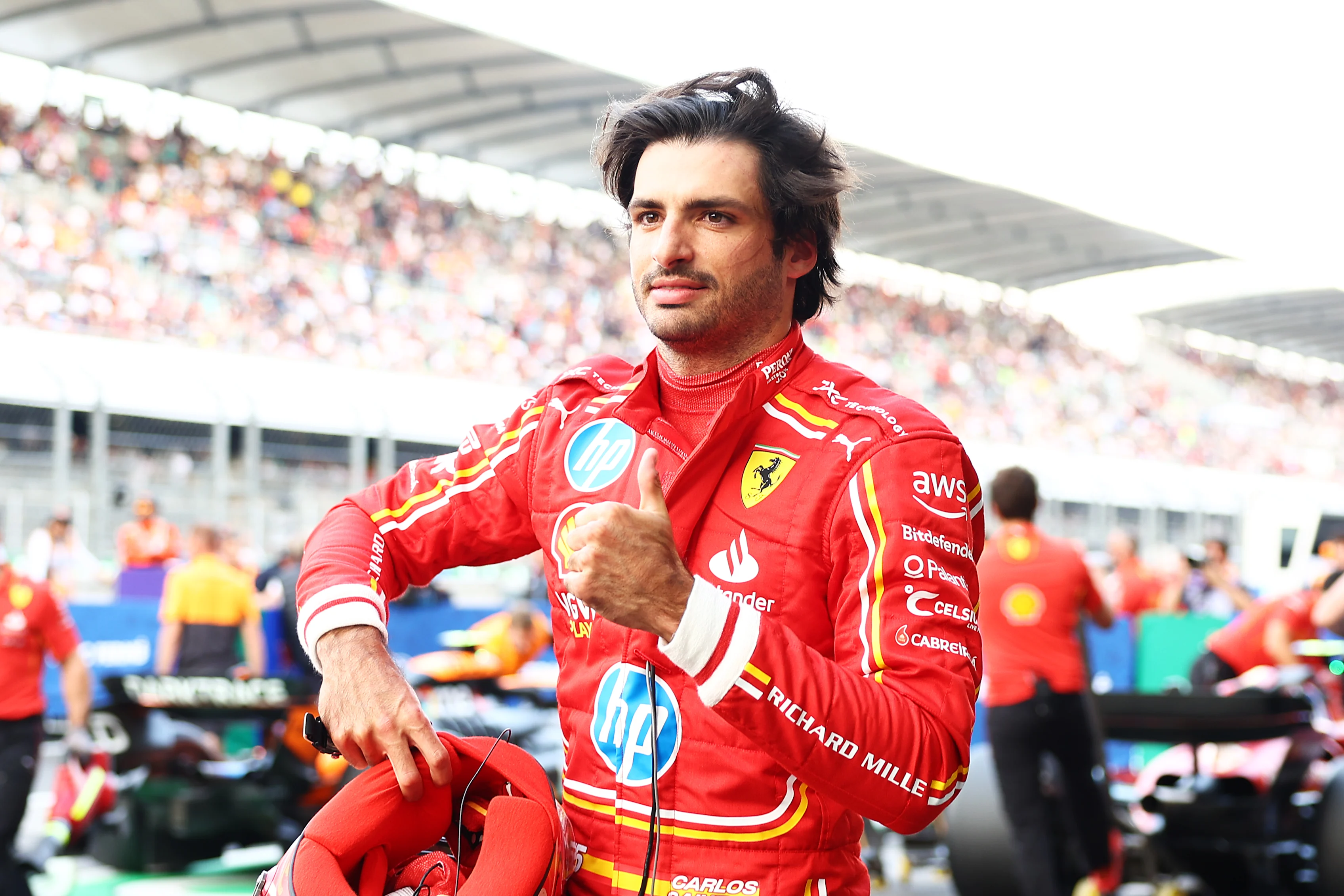 MEXICO CITY, MEXICO - OCTOBER 26: Pole position qualifier Carlos Sainz of Spain and Ferrari looks on in parc ferme during qualifying ahead of the F1 Grand Prix of Mexico at Autodromo Hermanos Rodriguez on October 26, 2024 in Mexico City, Mexico. (Photo by Bryn Lennon - Formula 1/Formula 1 via Getty Images)