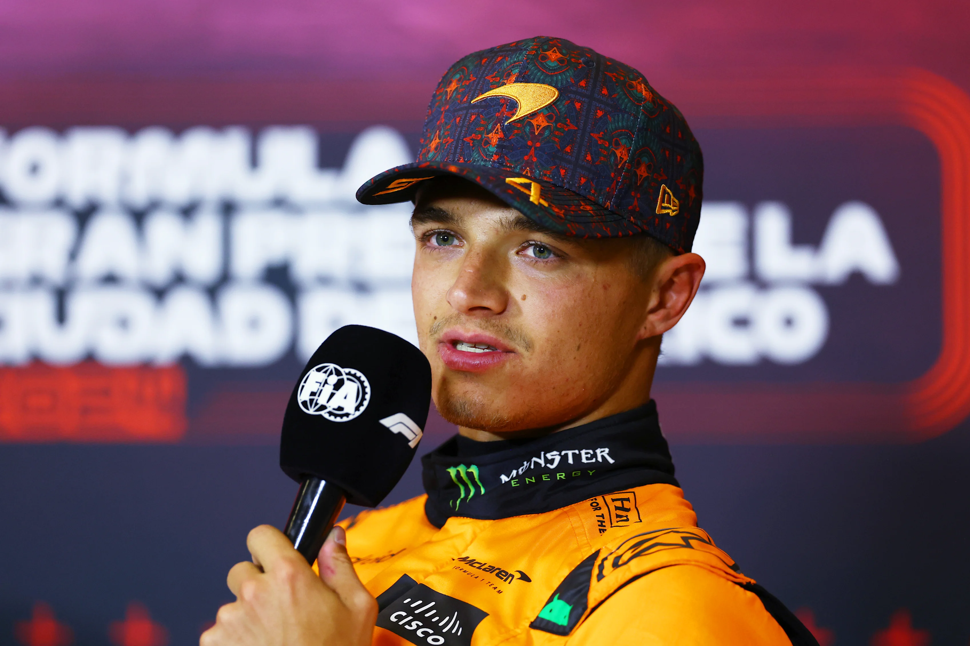 MEXICO CITY, MEXICO - OCTOBER 26: Third placed qualifier Lando Norris of Great Britain and McLaren attends the press conference after qualifying ahead of the F1 Grand Prix of Mexico at Autodromo Hermanos Rodriguez on October 26, 2024 in Mexico City, Mexico. (Photo by Bryn Lennon/Getty Images)
