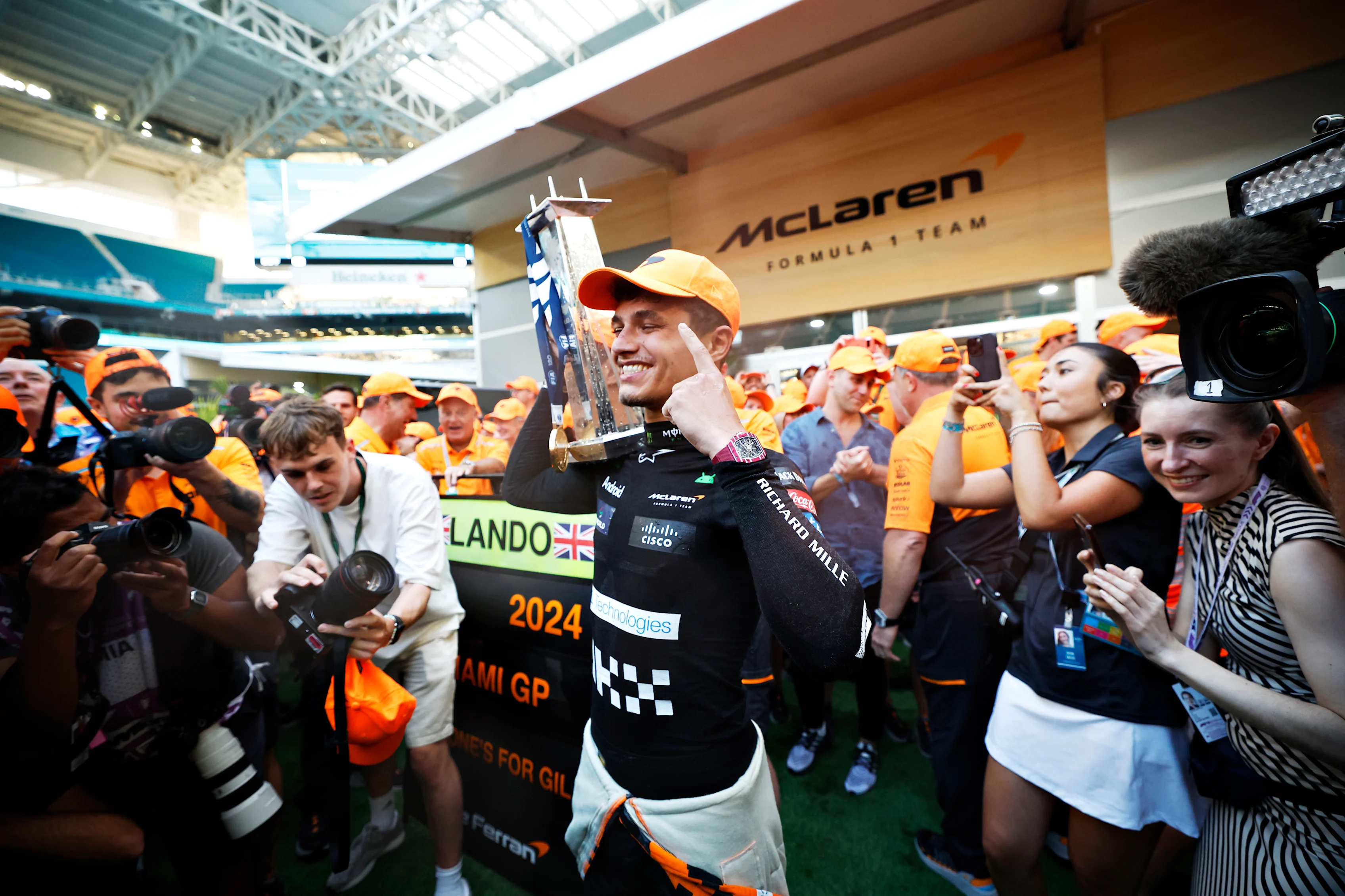 MIAMI, FLORIDA - MAY 05: Race winner Lando Norris of Great Britain and McLaren celebrates victory