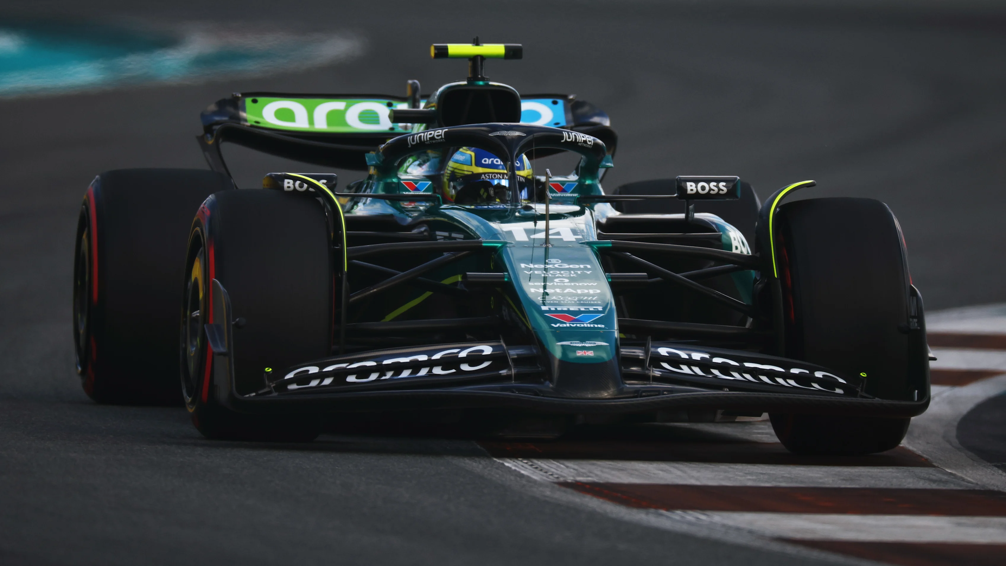 MIAMI, FLORIDA - MAY 03: Fernando Alonso of Spain driving the (14) Aston Martin AMR24 Mercedes on track during Sprint Qualifying ahead of the F1 Grand Prix of Miami at Miami International Autodrome on May 03, 2024 in Miami, Florida. (Photo by Jared C. Tilton - Formula 1/Formula 1 via Getty Images)