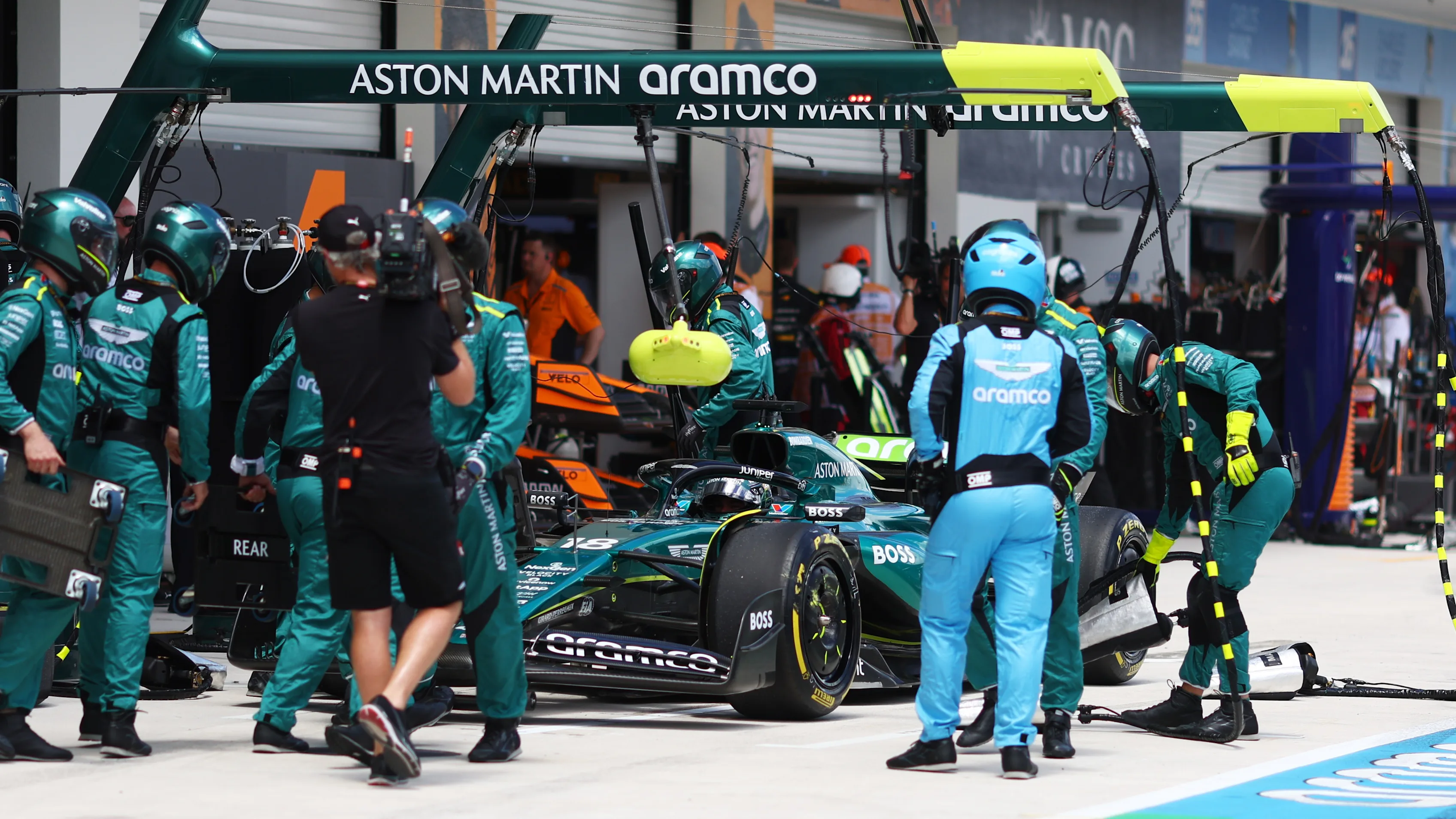 MIAMI, FLORIDA - MAY 04: Lance Stroll of Canada driving the (18) Aston Martin AMR24 Mercedes stops in the Pitlane and retires from the race during the Sprint ahead of the F1 Grand Prix of Miami at Miami International Autodrome on May 04, 2024 in Miami, Florida. (Photo by Clive Rose - Formula 1/Formula 1 via Getty Images)