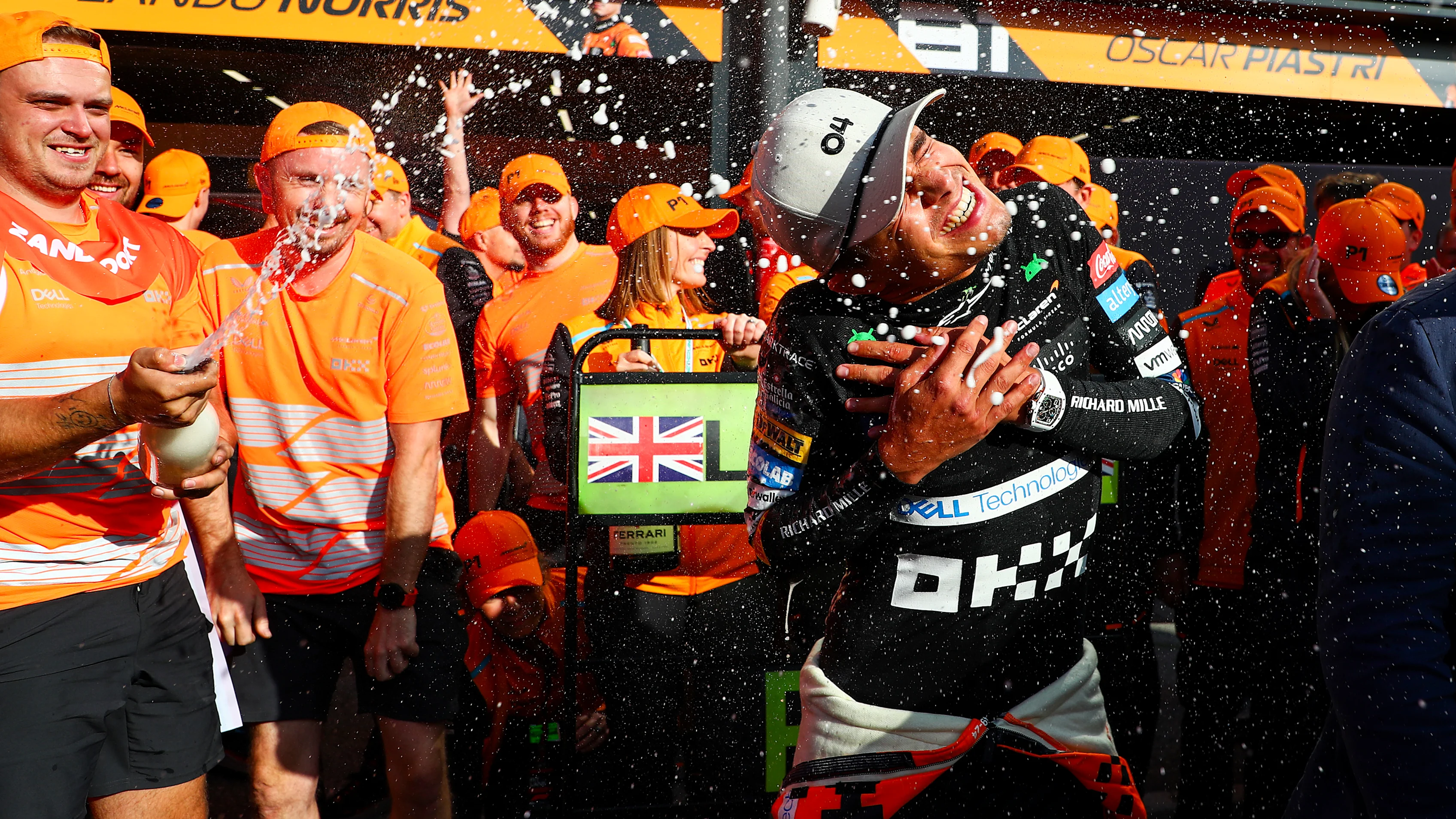 ZANDVOORT, NETHERLANDS - AUGUST 25: Lando Norris of McLaren and Great Britain celebrates finishing in first position during the F1 Grand Prix of Netherlands at Circuit Zandvoort. (Photo by Peter Fox - Formula 1/Formula 1 via Getty Images)