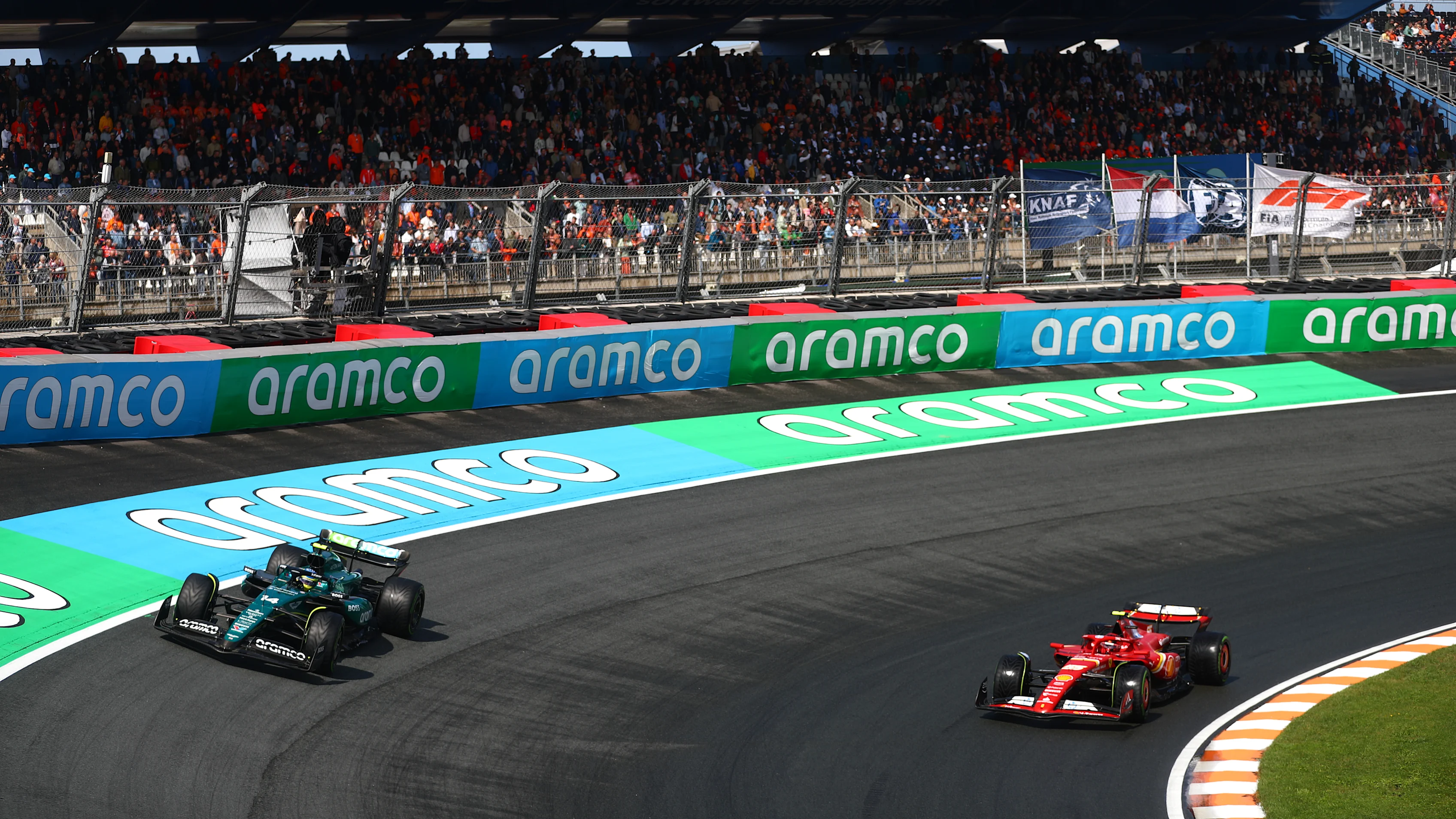 ZANDVOORT, NETHERLANDS - AUGUST 23: Fernando Alonso of Aston Martin and Spain and Carlos Sainz of Ferrari and Spain during practice ahead of the F1 Grand Prix of Netherlands at Circuit Zandvoort on August 23, 2024 in Zandvoort, Netherlands. (Photo by Peter Fox - Formula 1/Formula 1 via Getty Images)