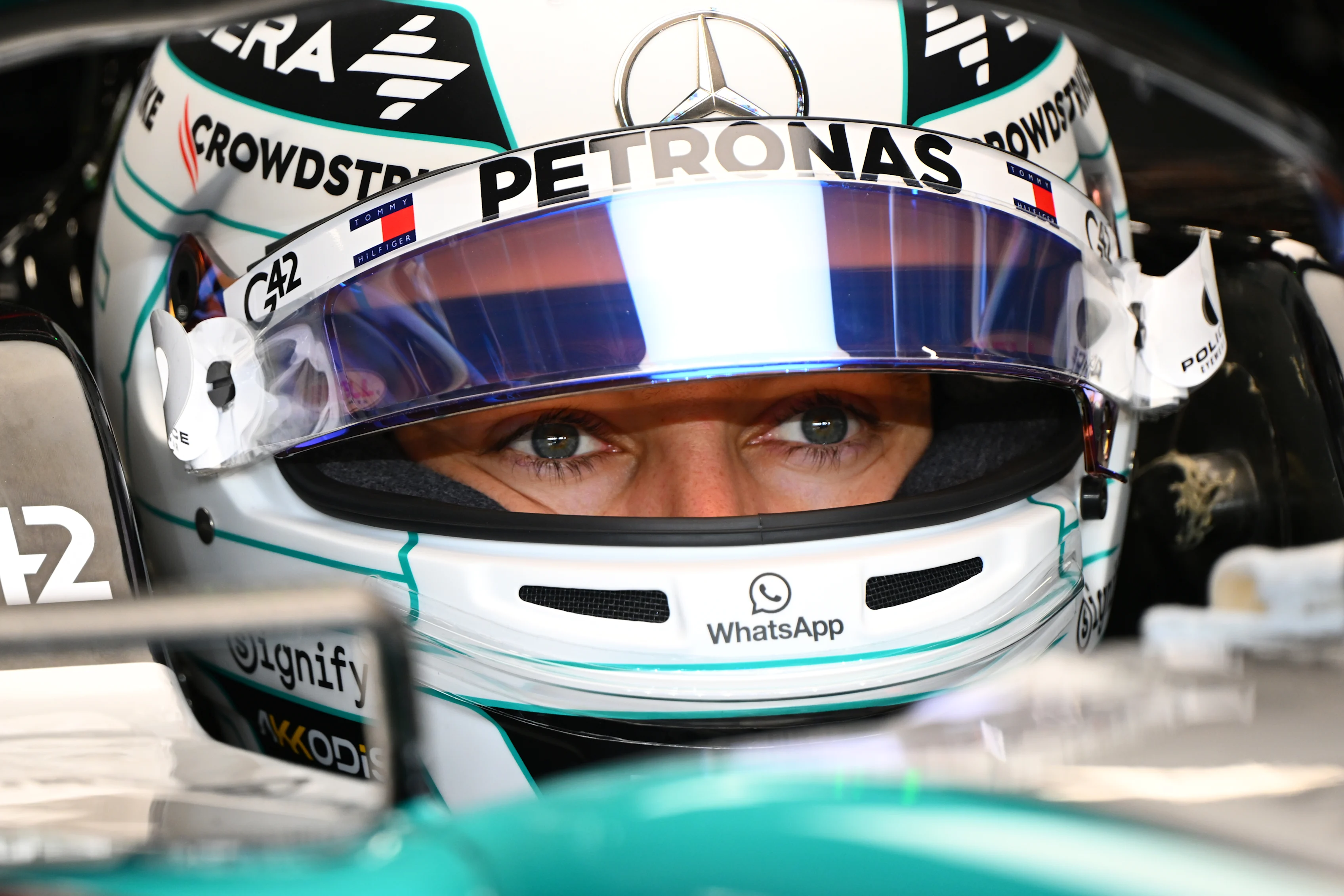 LUSAIL CITY, QATAR - NOVEMBER 29: George Russell of Great Britain and Mercedes prepares to drive in the garage during practice ahead of the F1 Grand Prix of Qatar at Lusail International Circuit on November 29, 2024 in Lusail City, Qatar. (Photo by Mark Sutton - Formula 1/Formula 1 via Getty Images)