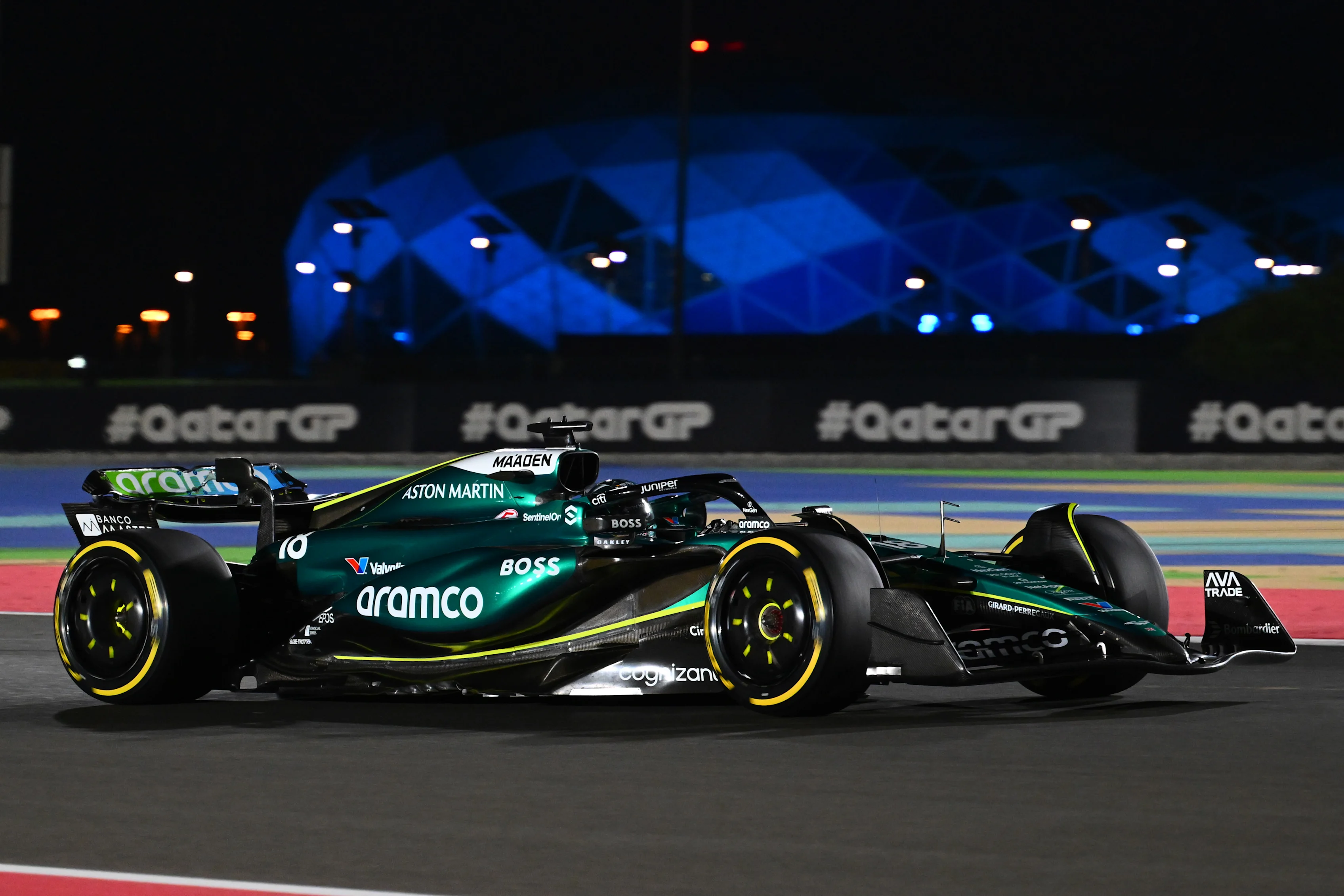 Lance Stroll driving the (18) Aston Martin AMR24 Mercedes on track during Sprint Qualifying at Lusail International Circuit on November 29, 2024 in Lusail City, Qatar. (Photo by Mark Sutton - Formula 1/Formula 1 via Getty Images)