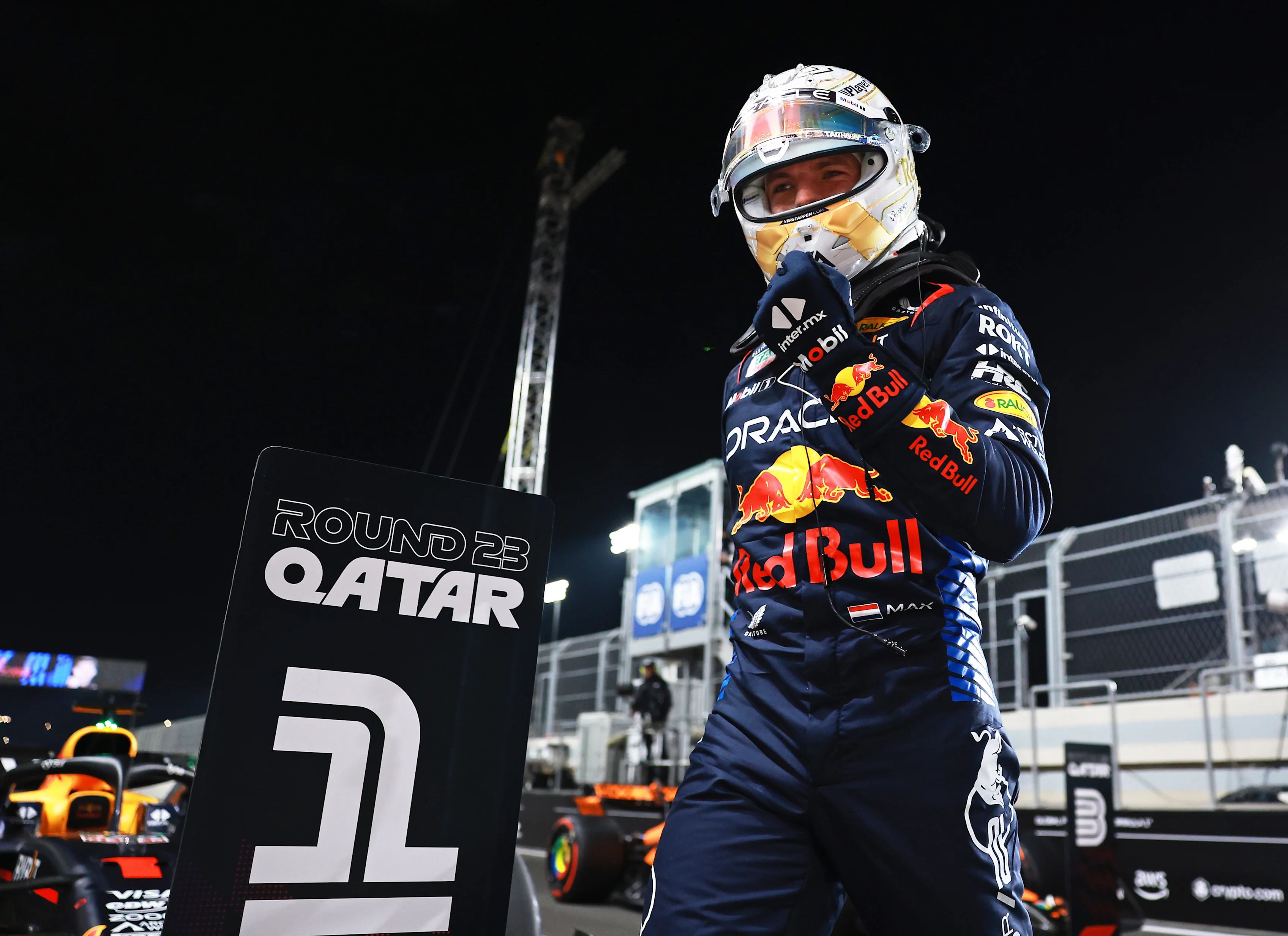 LUSAIL CITY, QATAR - NOVEMBER 30: Pole position qualifier Max Verstappen of the Netherlands and Oracle Red Bull Racing celebrates in parc ferme during qualifying ahead of the F1 Grand Prix of Qatar at Lusail International Circuit on November 30, 2024 in Lusail City, Qatar. (Photo by Bryn Lennon - Formula 1/Formula 1 via Getty Images)