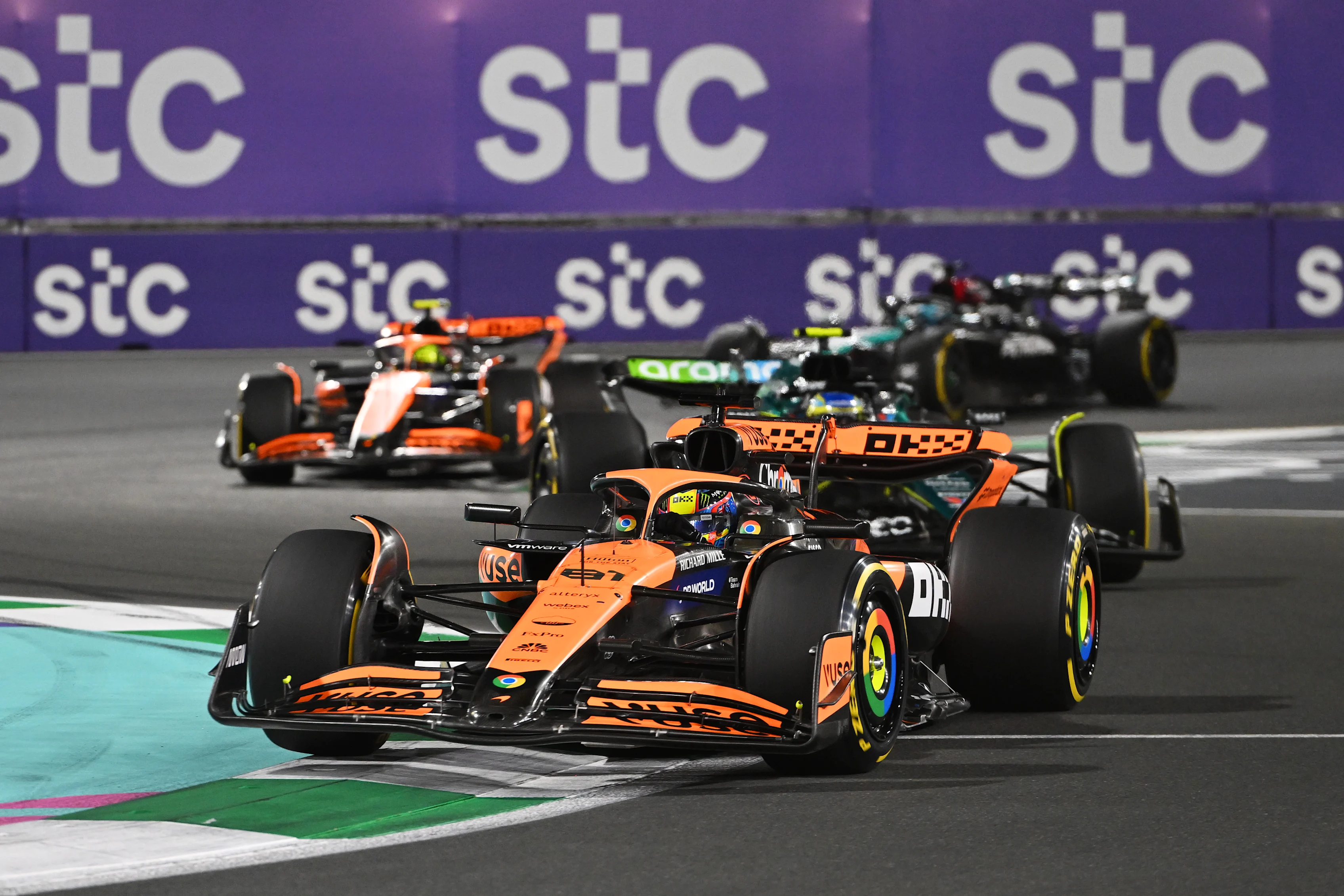 JEDDAH, SAUDI ARABIA - MARCH 09: Oscar Piastri of Australia driving the (81) McLaren MCL38 Mercedes on track during the F1 Grand Prix of Saudi Arabia at Jeddah Corniche Circuit on March 09, 2024 in Jeddah, Saudi Arabia. (Photo by Rudy Carezzevoli/Getty Images)