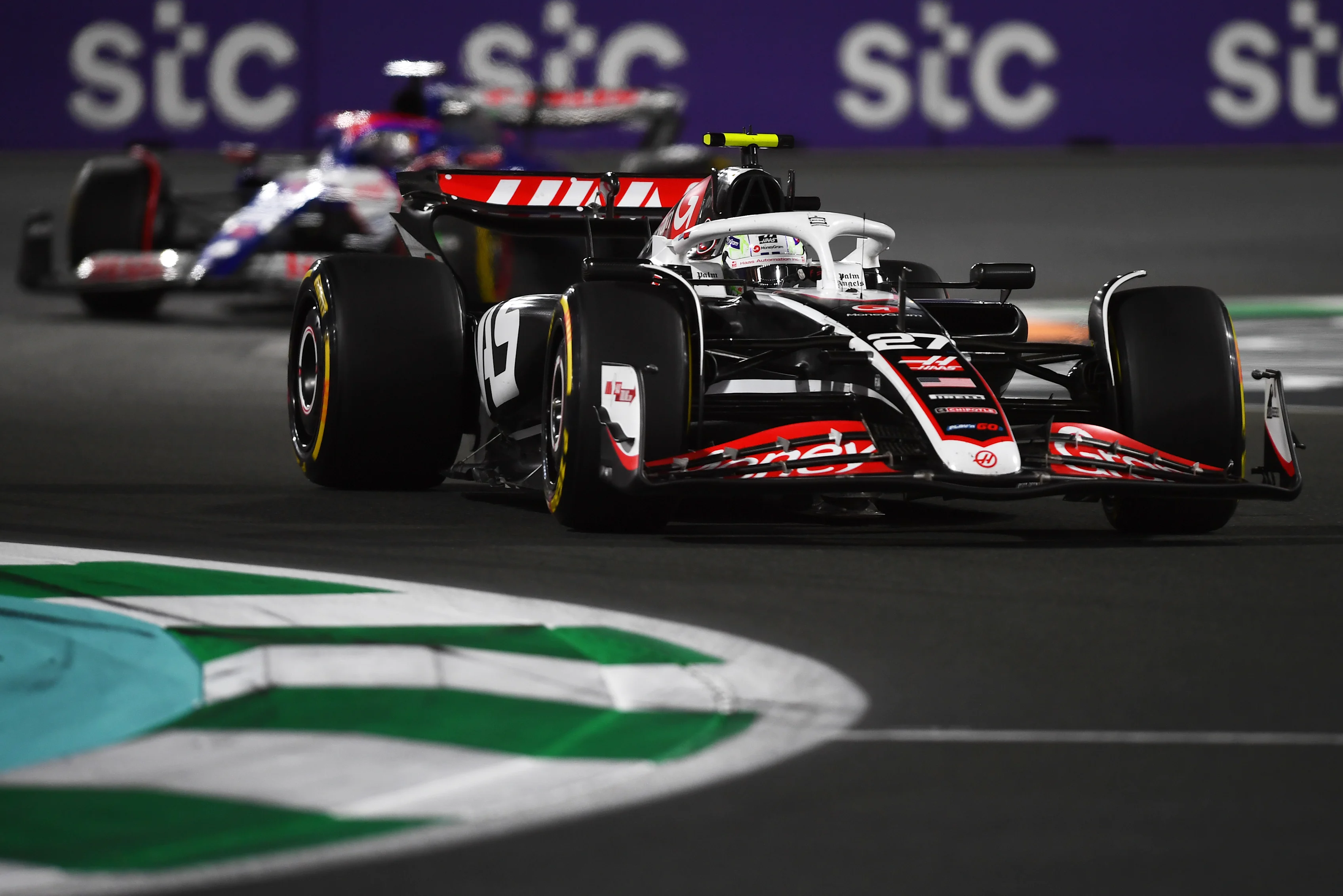 JEDDAH, SAUDI ARABIA - MARCH 09: Nico Hulkenberg of Germany driving the (27) Haas F1 VF-24 Ferrari on track during the F1 Grand Prix of Saudi Arabia at Jeddah Corniche Circuit on March 09, 2024 in Jeddah, Saudi Arabia. (Photo by Rudy Carezzevoli/Getty Images)