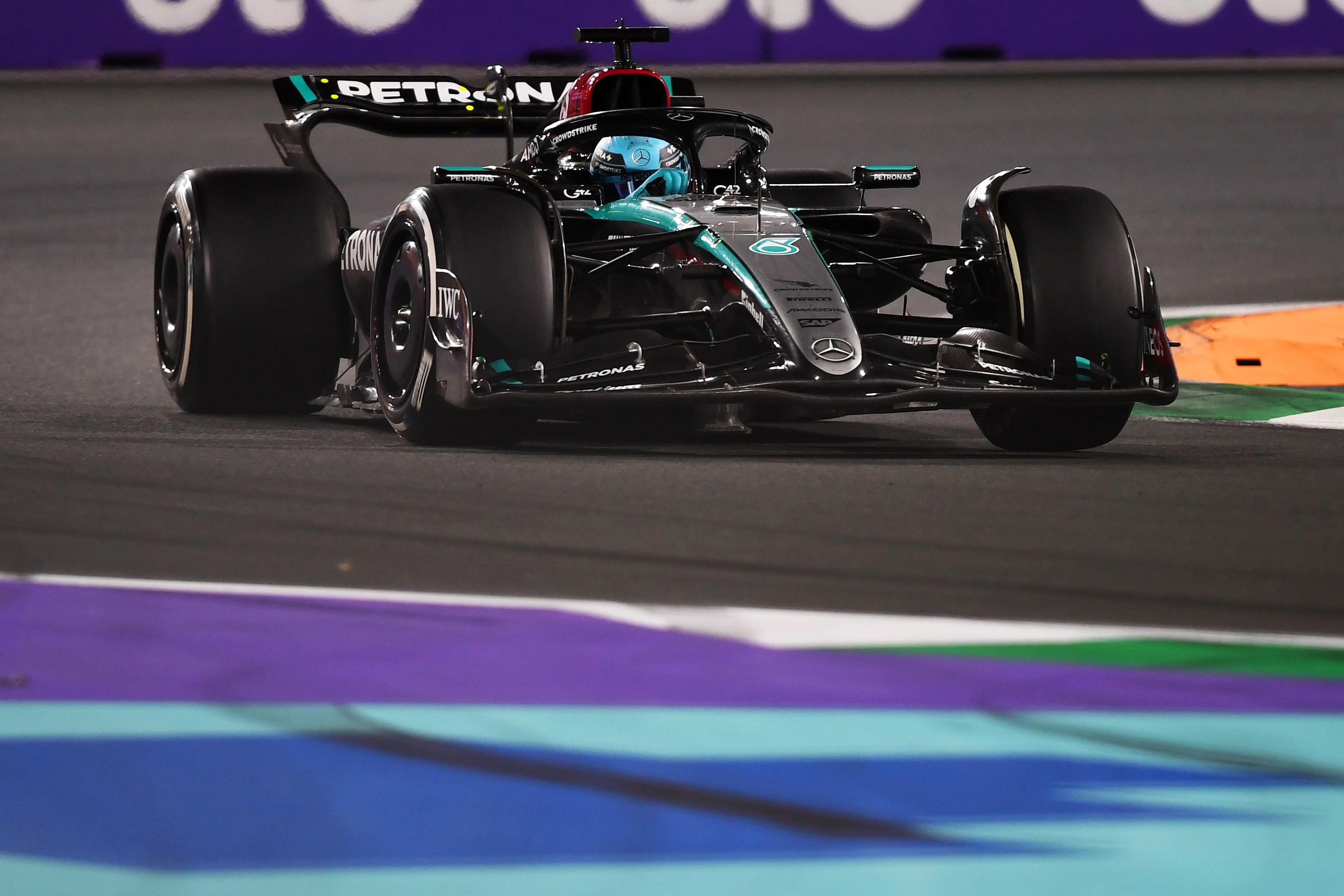 JEDDAH, SAUDI ARABIA - MARCH 09: George Russell of Great Britain driving the (63) Mercedes AMG