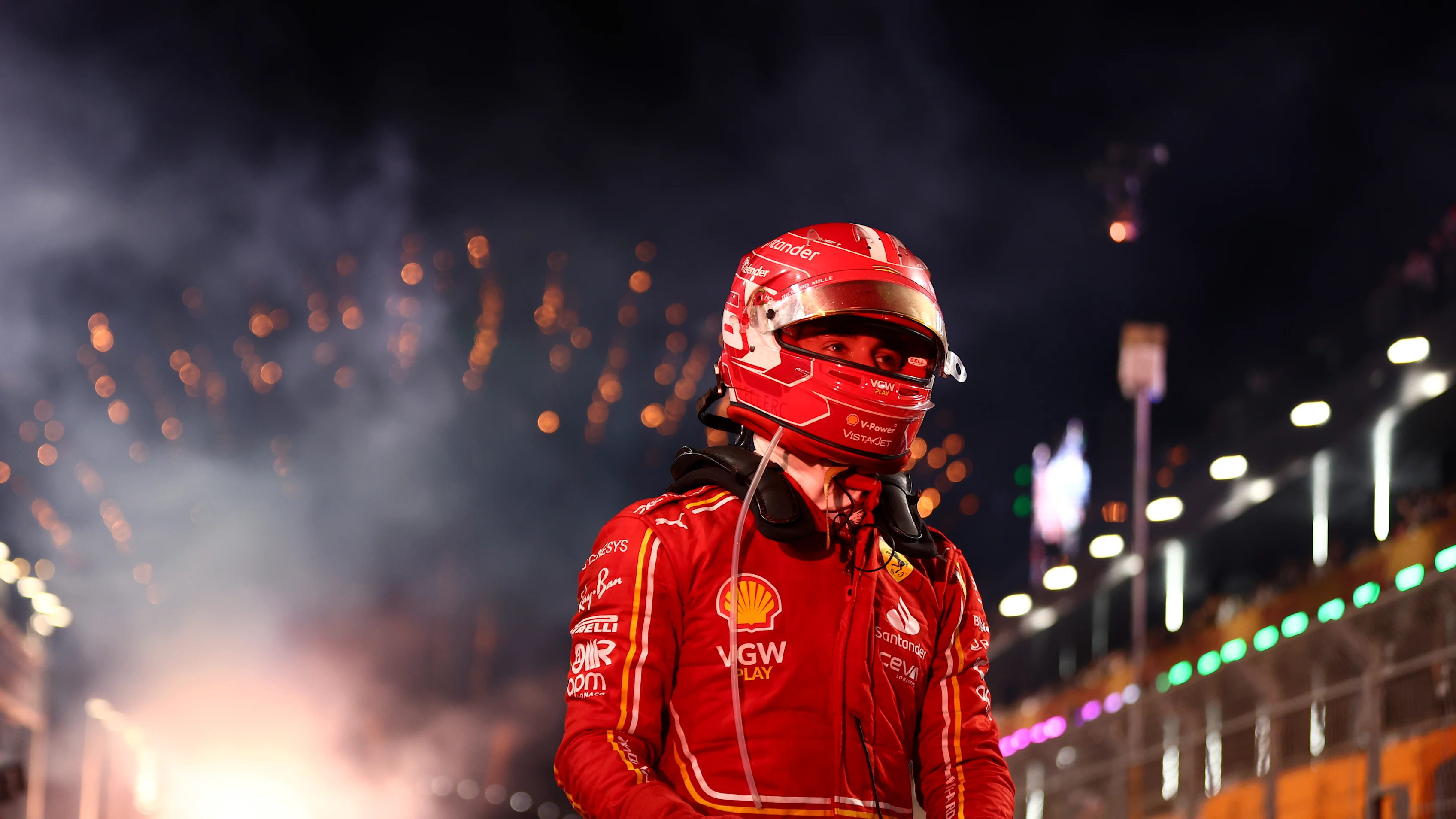 JEDDAH, SAUDI ARABIA - MARCH 09: Third placed Charles Leclerc of Monaco and Ferrari celebrates in parc ferme during the F1 Grand Prix of Saudi Arabia at Jeddah Corniche Circuit on March 09, 2024 in Jeddah, Saudi Arabia. (Photo by Bryn Lennon - Formula 1/Formula 1 via Getty Images)