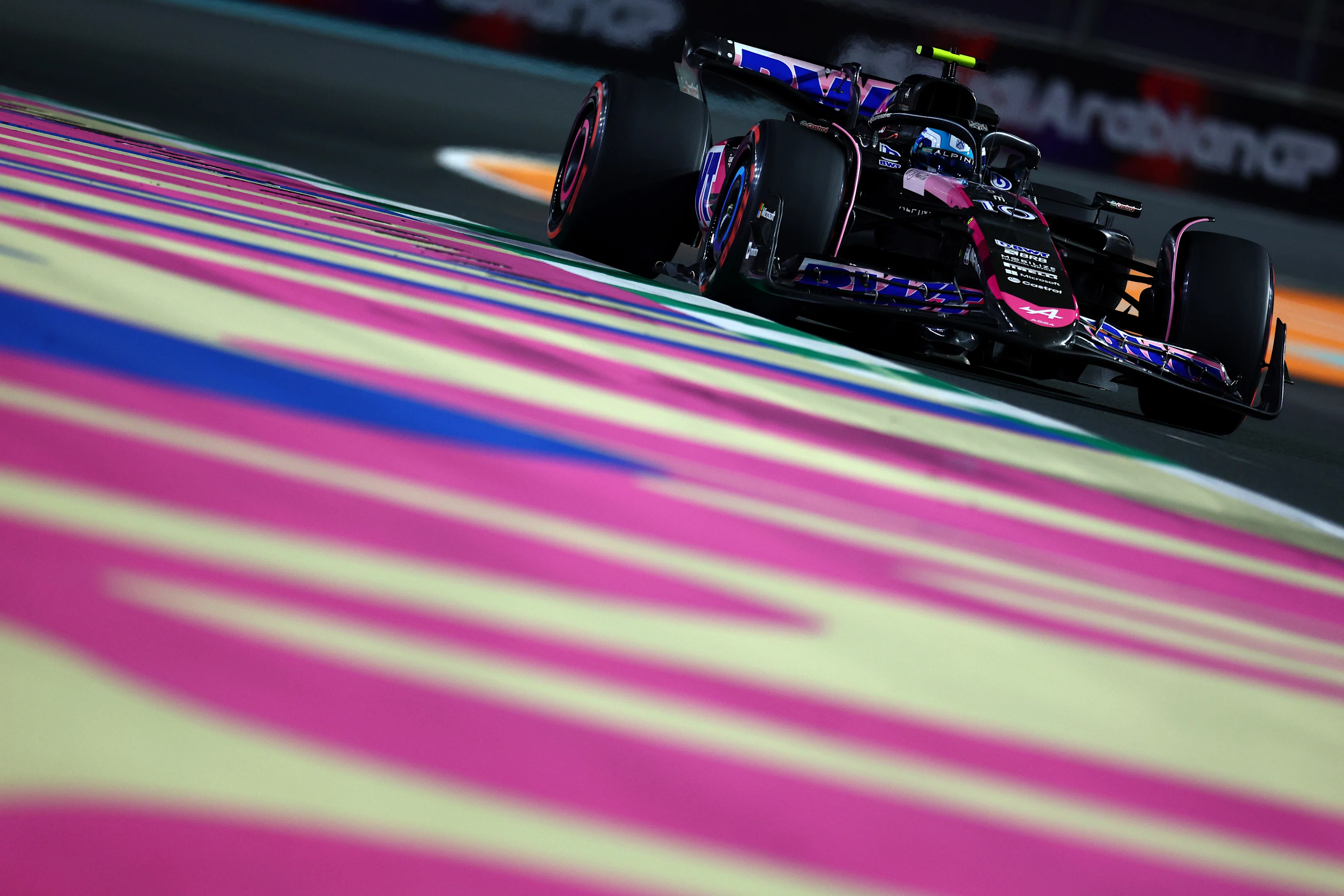 JEDDAH, SAUDI ARABIA - MARCH 07: Pierre Gasly of France driving the (10) Alpine F1 A524 Renault on track during practice ahead of the F1 Grand Prix of Saudi Arabia at Jeddah Corniche Circuit on March 07, 2024 in Jeddah, Saudi Arabia. (Photo by Clive Rose/Getty Images)