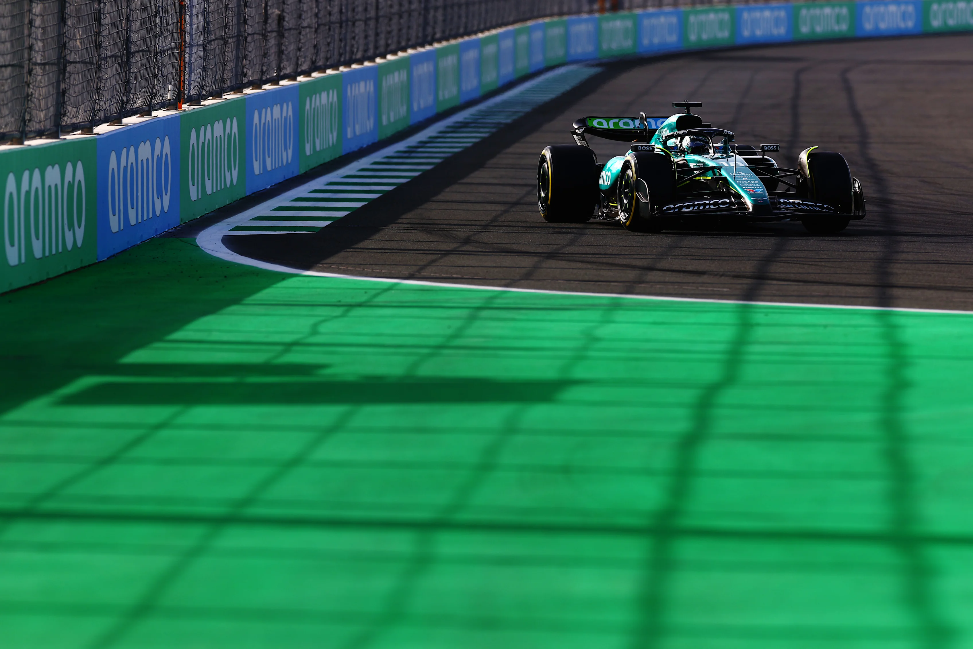 JEDDAH, SAUDI ARABIA - MARCH 08: Lance Stroll of Canada driving the (18) Aston Martin AMR24 Mercedes on track during final practice ahead of the F1 Grand Prix of Saudi Arabia at Jeddah Corniche Circuit on March 08, 2024 in Jeddah, Saudi Arabia. (Photo by Mark Thompson/Getty Images)