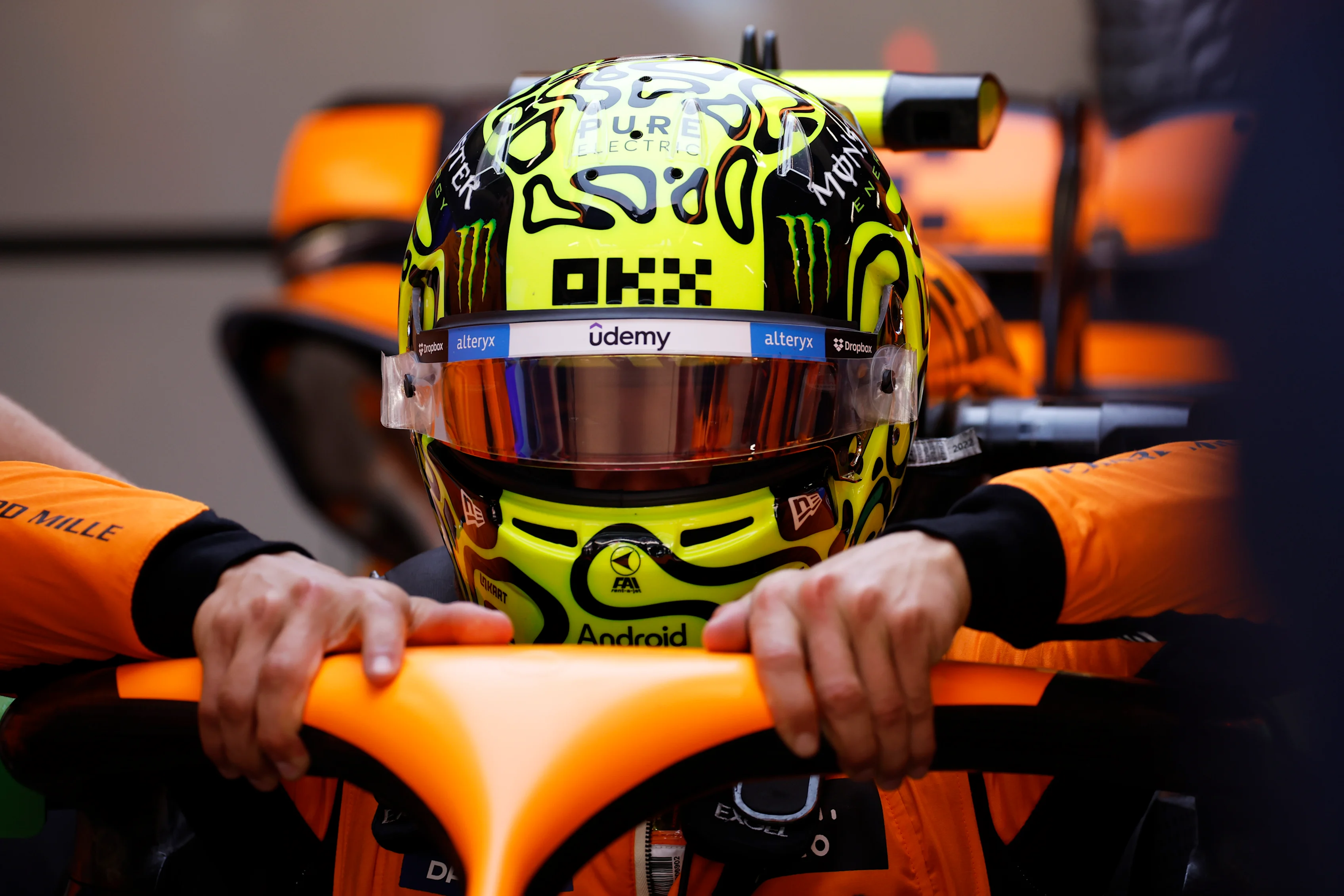 BARCELONA, SPAIN - JUNE 21: Lando Norris of Great Britain and McLaren prepares to drive in the garage during practice ahead of the F1 Grand Prix of Spain at Circuit de Barcelona-Catalunya on June 21, 2024 in Barcelona, Spain. (Photo by Chris Graythen/Getty Images)
