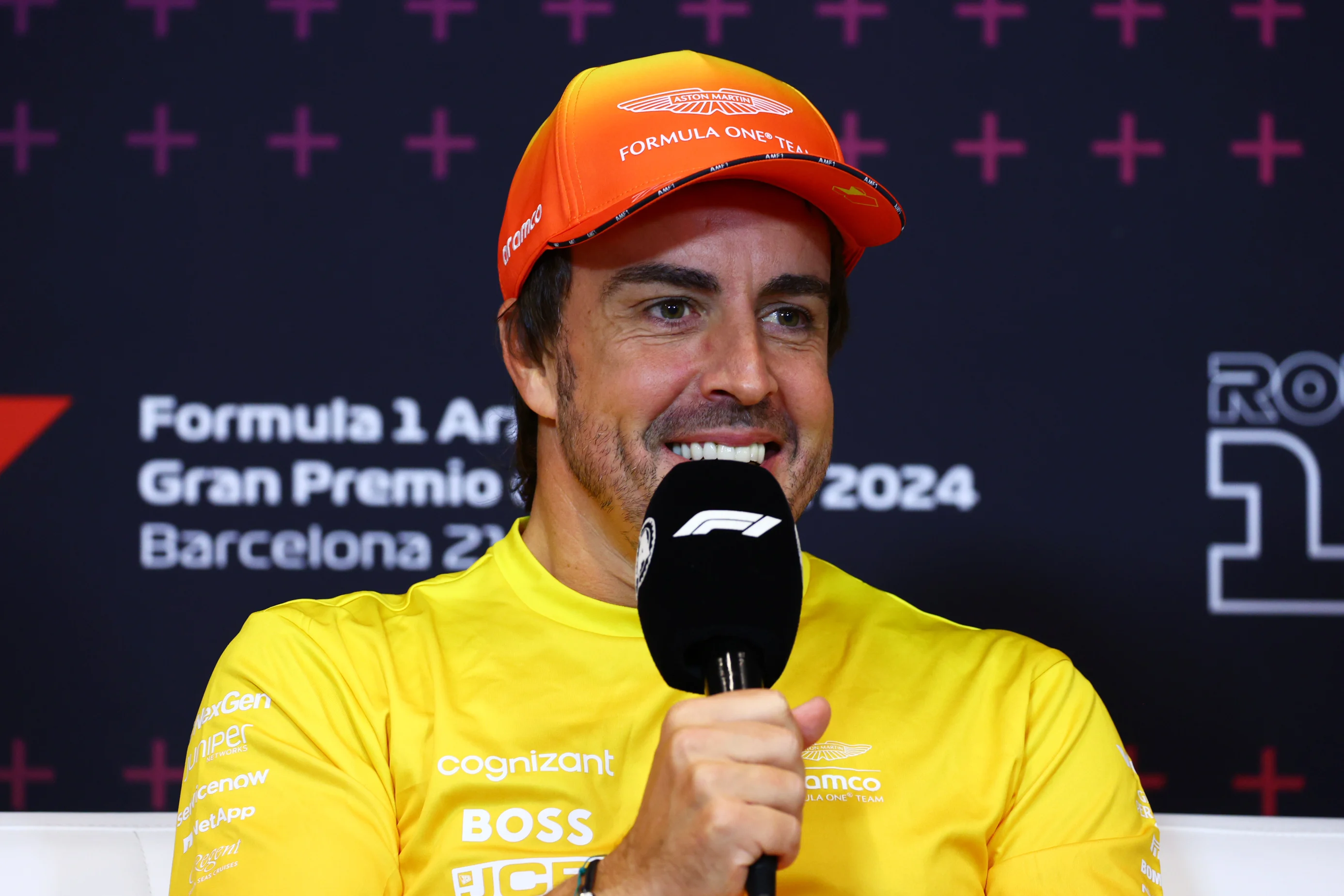 BARCELONA, SPAIN - JUNE 20: Fernando Alonso of Spain and Aston Martin F1 Team attends the press