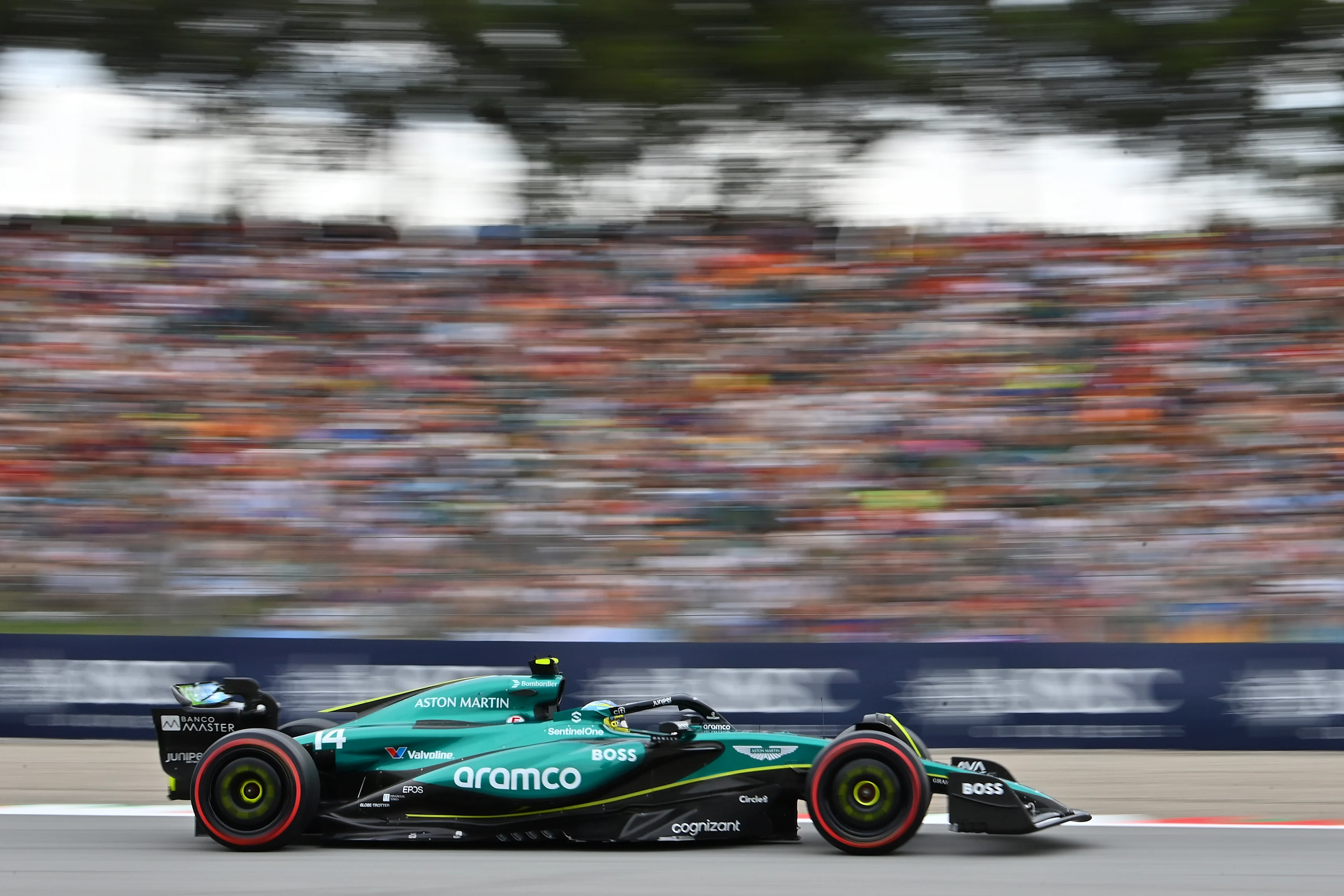 BARCELONA, SPAIN - JUNE 22: Fernando Alonso of Spain driving the (14) Aston Martin AMR24 Mercedes
