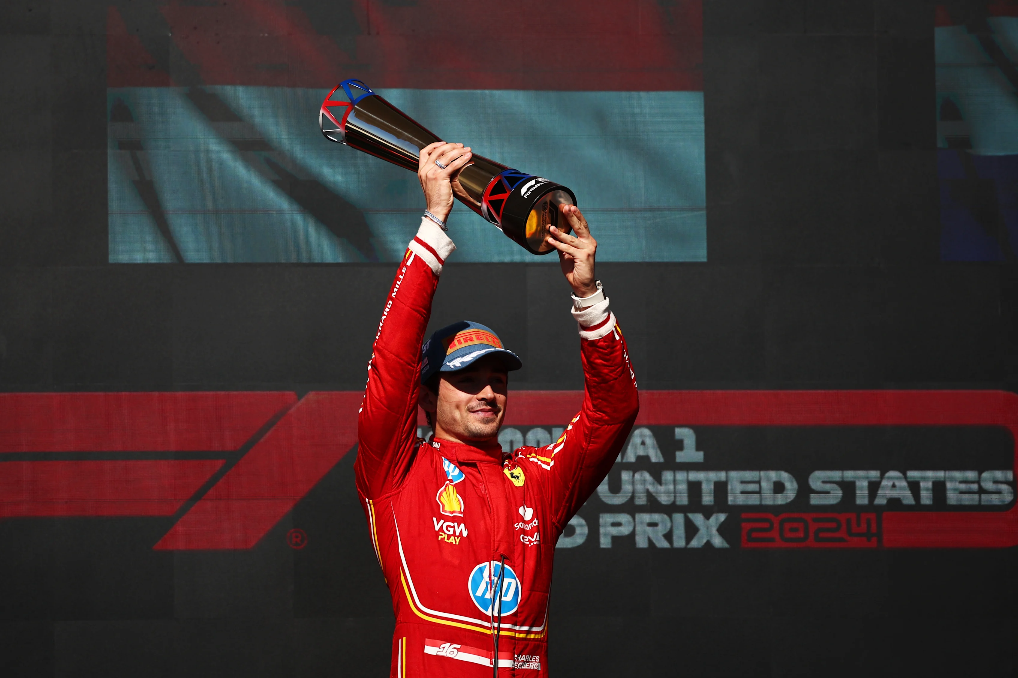 AUSTIN, TEXAS - OCTOBER 20: Race winner Charles Leclerc of Monaco and Ferrari celebrates on the
