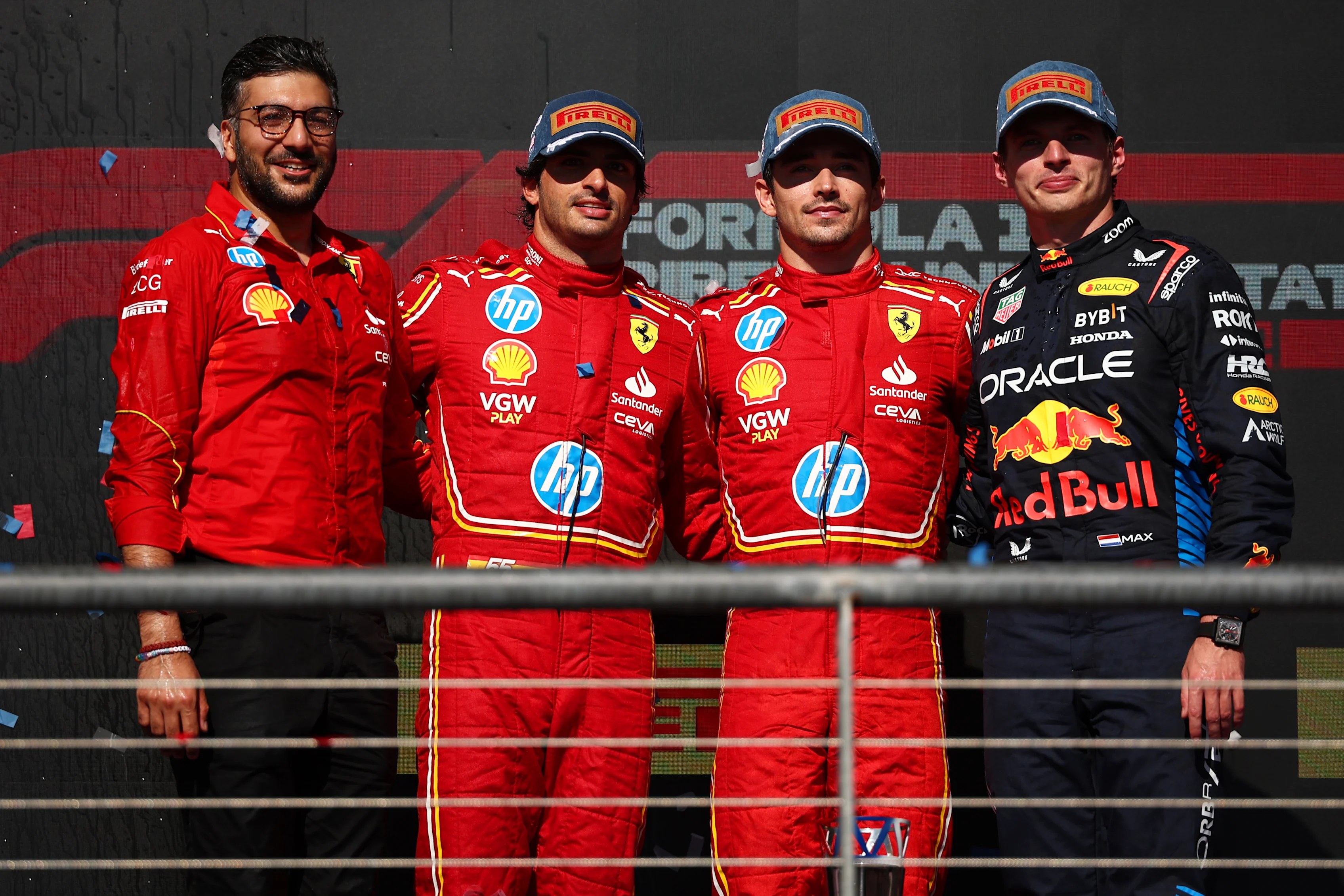 AUSTIN, TEXAS - OCTOBER 20: Race winner Charles Leclerc, Carlos Sainz and Max Verstappen pose for a photo on the podium after the F1 Grand Prix of United States at Circuit of The Americas on October 20, 2024. (Photo by Jared C. Tilton/Getty Images)