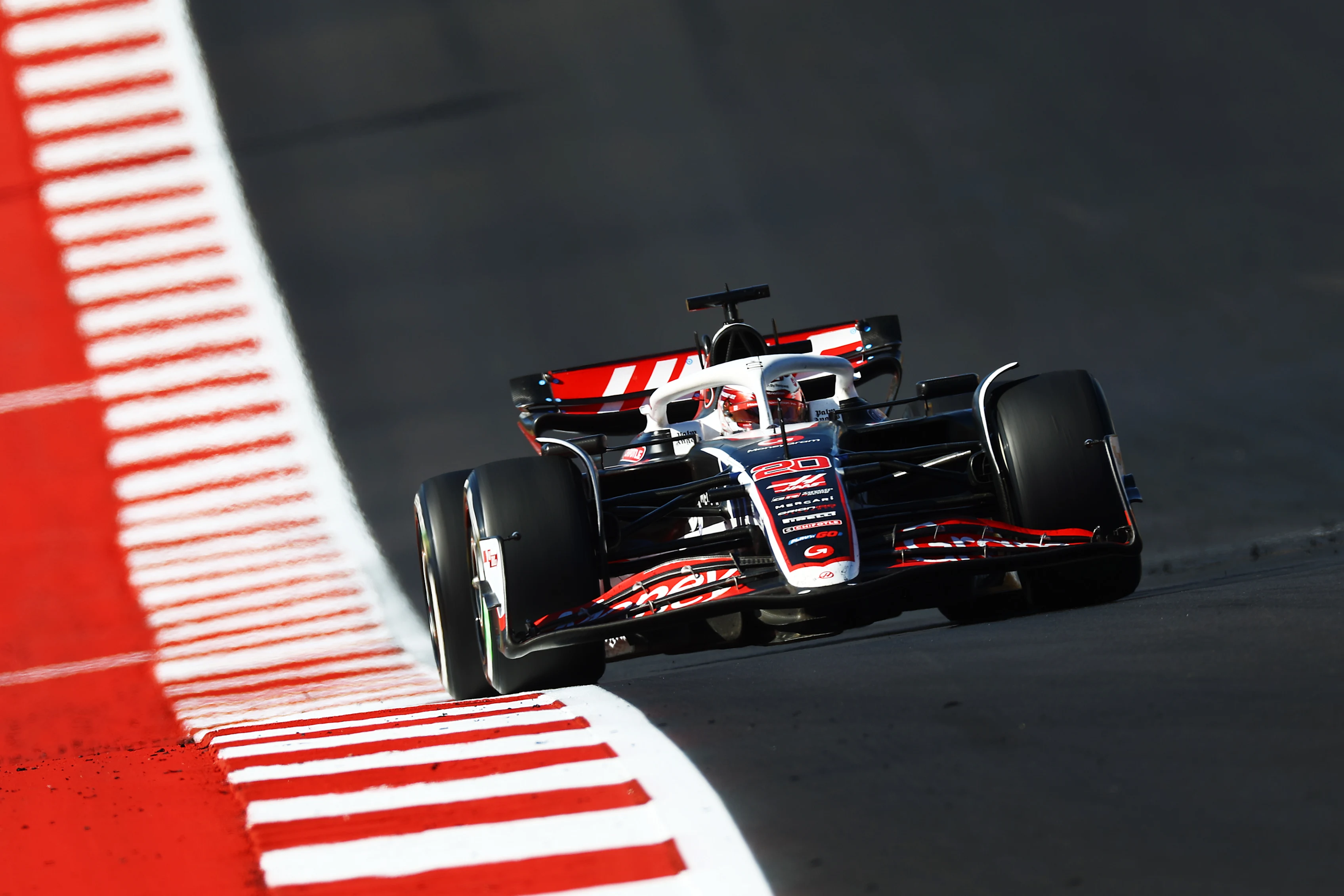 AUSTIN, TEXAS - OCTOBER 20: Kevin Magnussen of Denmark driving the (20) Haas F1 VF-24 Ferrari on track during the F1 Grand Prix of United States at Circuit of The Americas on October 20, 2024 in Austin, Texas. (Photo by Mark Thompson/Getty Images)