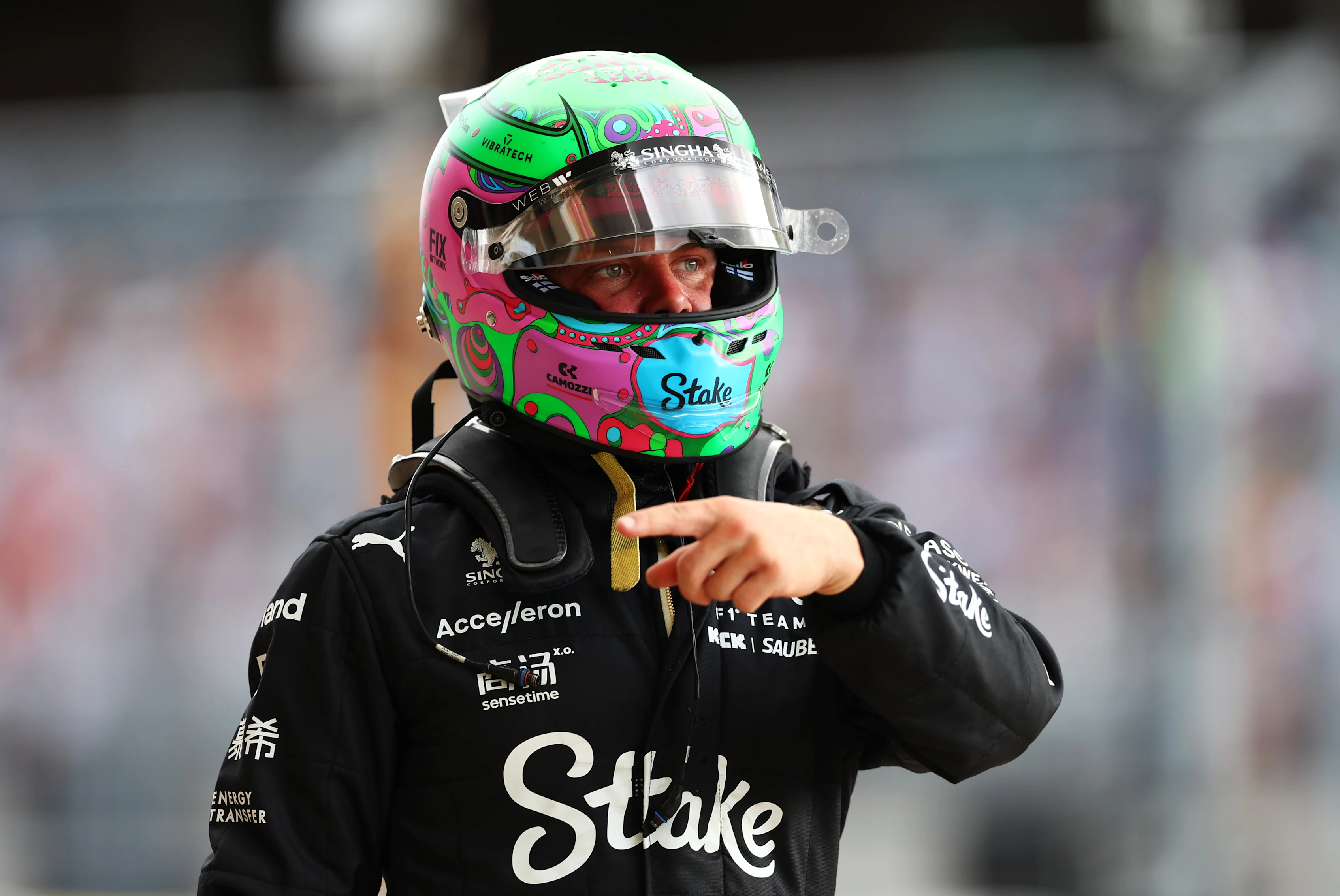 AUSTIN, TEXAS - OCTOBER 18: 19th placed qualifier Valtteri Bottas of Finland and Stake F1 Team Kick Sauber walks in the Pitlane during Sprint Qualifying ahead of the F1 Grand Prix of United States at Circuit of The Americas on October 18, 2024 in Austin, Texas. (Photo by Bryn Lennon - Formula 1/Formula 1 via Getty Images)