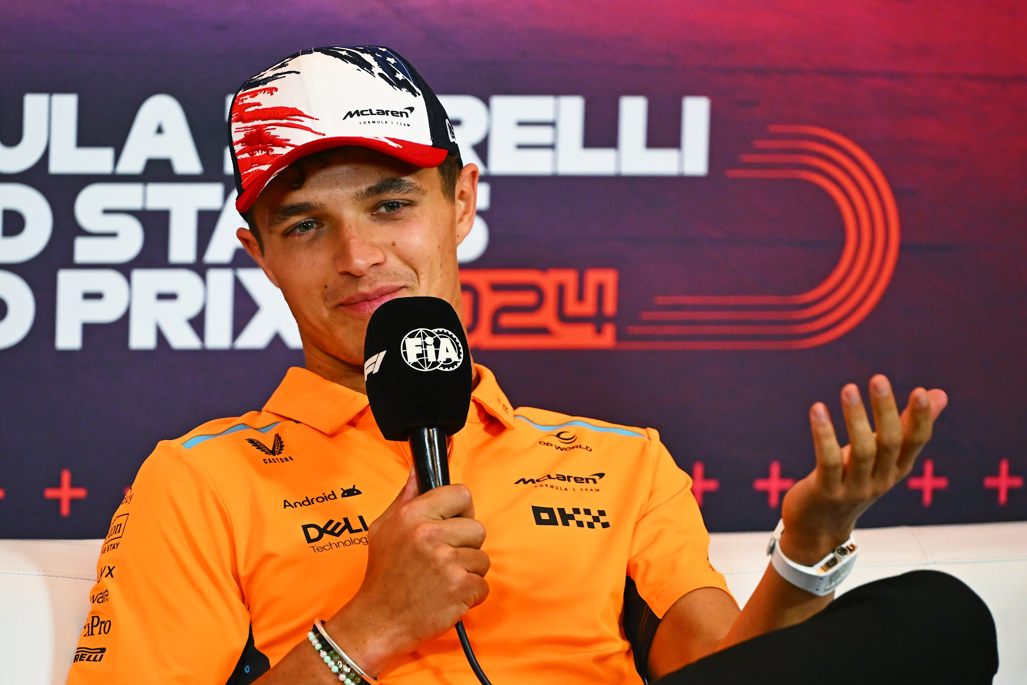 AUSTIN, TEXAS - OCTOBER 17: Lando Norris of Great Britain and McLaren attends the Drivers Press Conference during previews ahead of the F1 Grand Prix of United States at Circuit of The Americas on October 17, 2024 in Austin, Texas. (Photo by Mark Sutton/Getty Images)