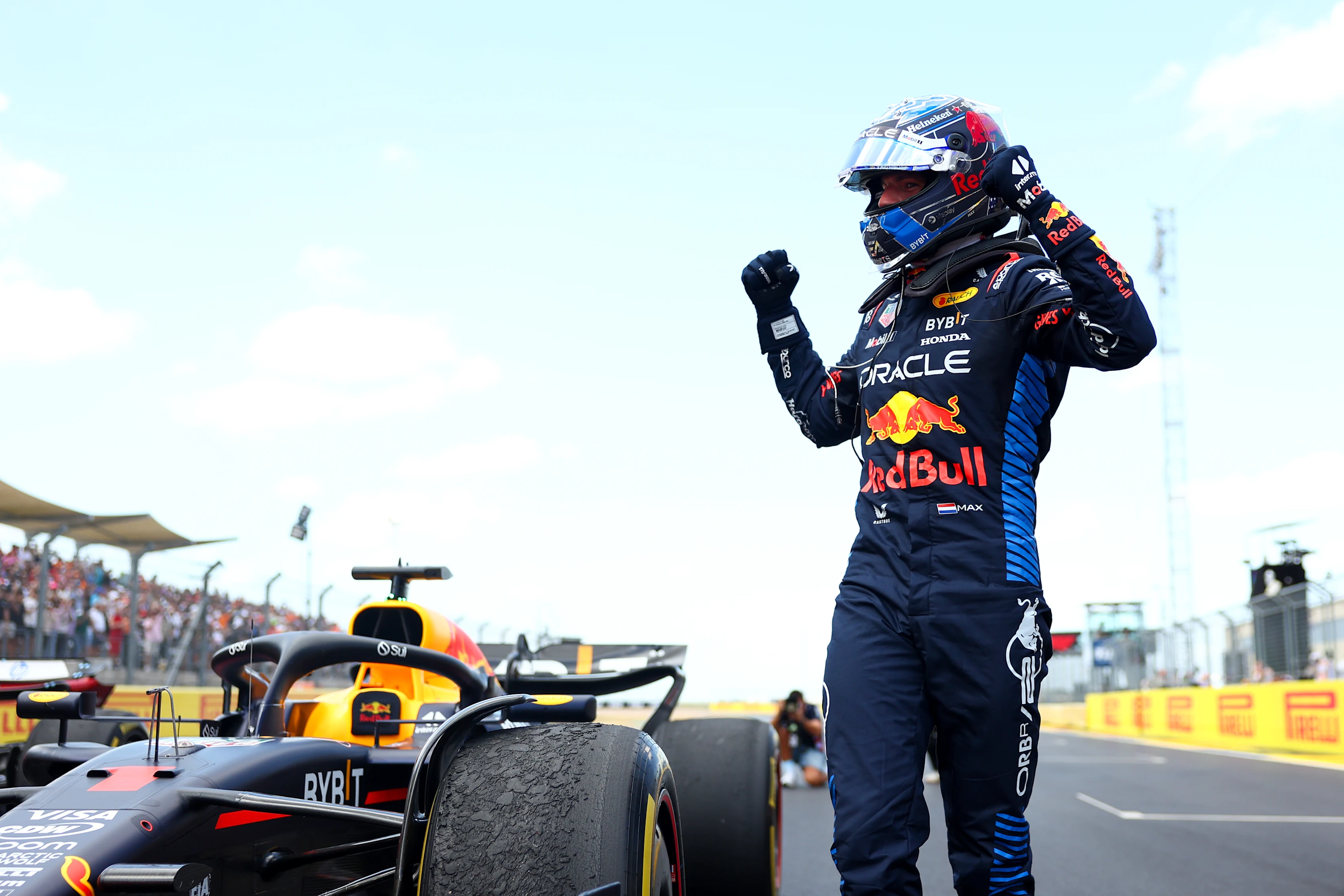 AUSTIN, TEXAS - OCTOBER 19: Sprint winner Max Verstappen of the Netherlands and Oracle Red Bull Racing celebrates in parc ferme during the Sprint ahead of the F1 Grand Prix of United States at Circuit of The Americas on October 19, 2024 in Austin, Texas. (Photo by Bryn Lennon - Formula 1/Formula 1 via Getty Images)