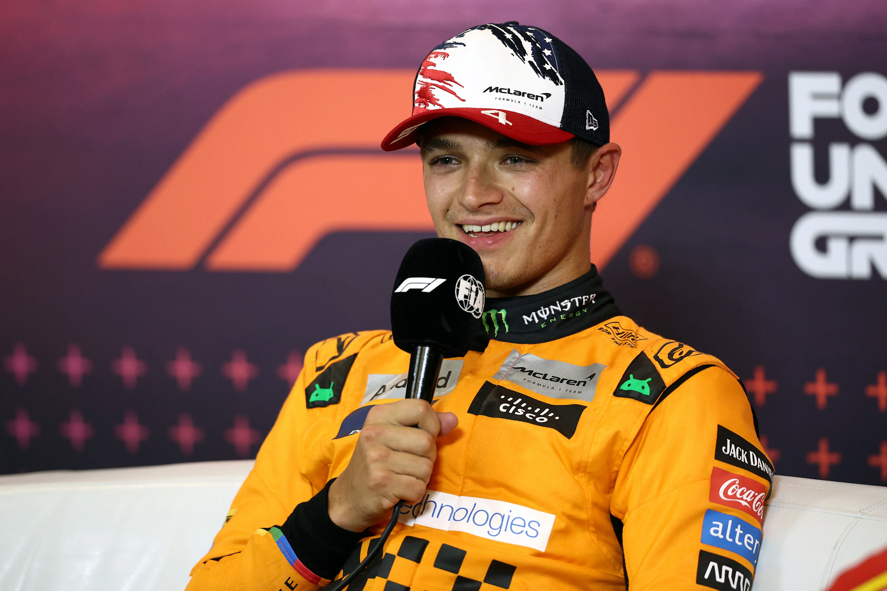 AUSTIN, TEXAS - OCTOBER 19: Pole position qualifier Lando Norris of Great Britain and McLaren attends the press conference after qualifying ahead of the F1 Grand Prix of United States at Circuit of The Americas on October 19, 2024 in Austin, Texas. (Photo by Jared C. Tilton/Getty Images)