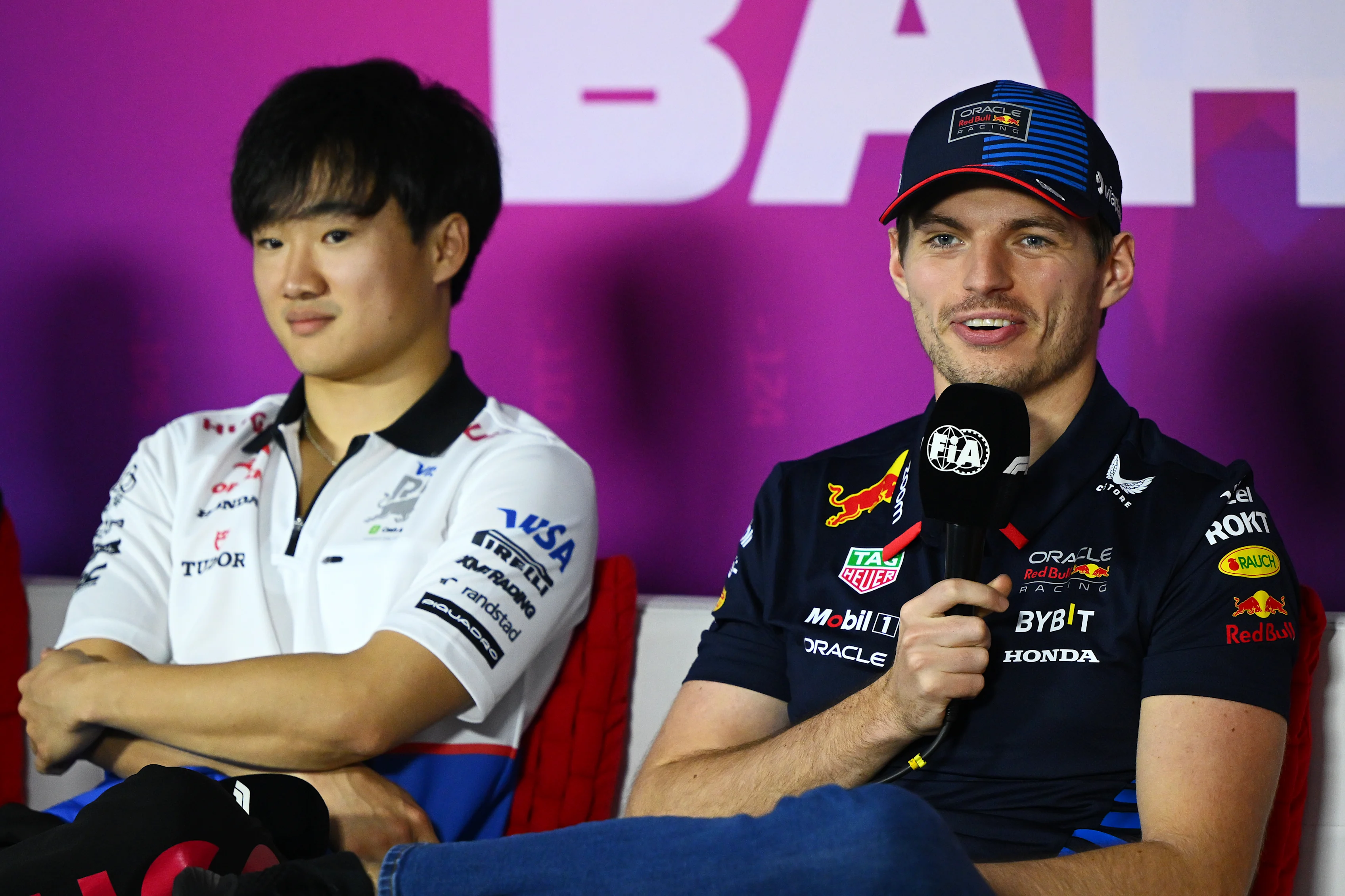 BAHRAIN, BAHRAIN - FEBRUARY 23: Yuki Tsunoda of Japan and Visa Cash App RB and Max Verstappen of