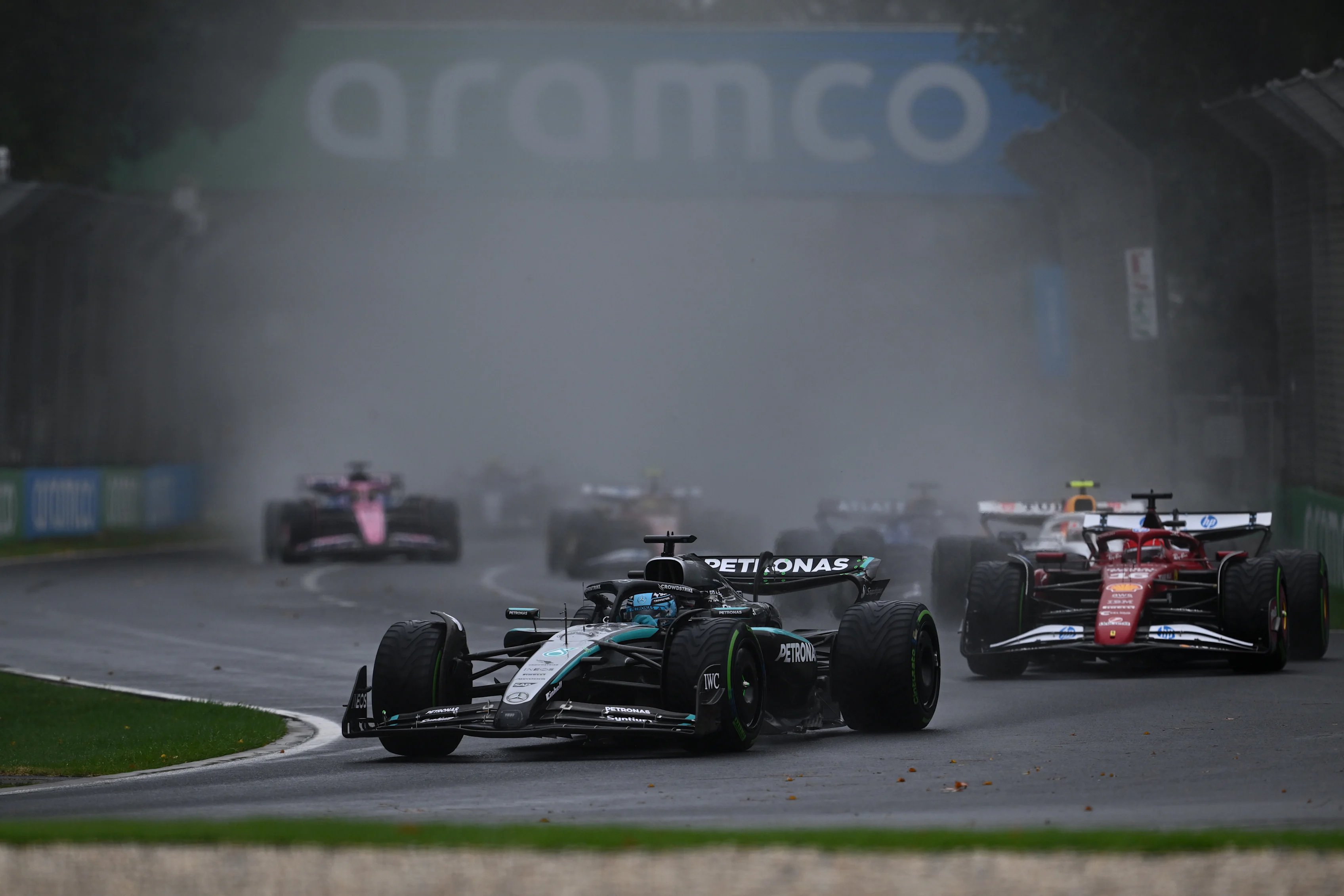MELBOURNE, AUSTRALIA - MARCH 16: George Russell of Great Britain driving the (63) Mercedes AMG