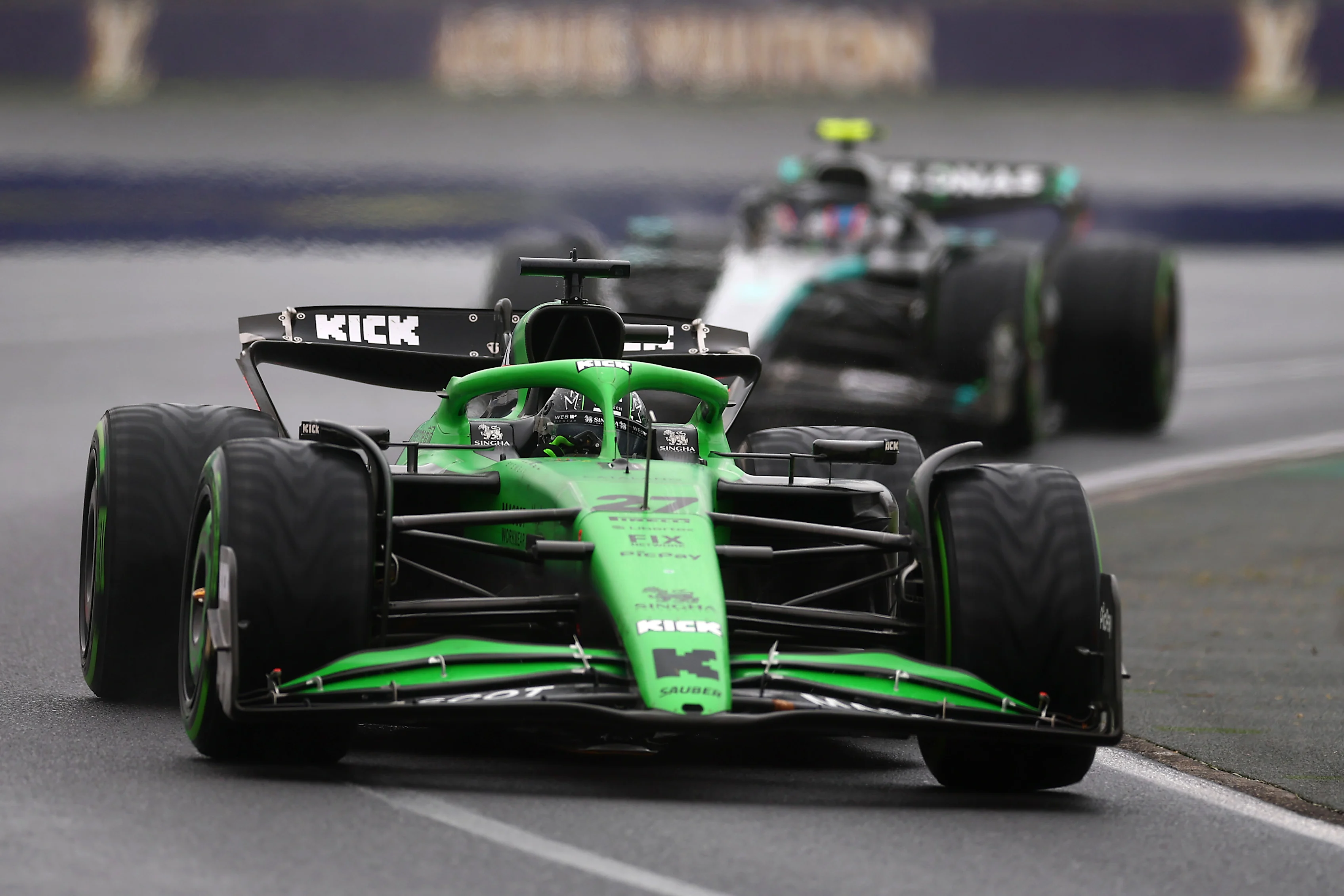 Nico Hulkenberg leads Andrea Kimi Antonelli on track during the F1 Grand Prix of Australia at Albert Park Grand Prix Circuit on March 16, 2025 in Melbourne, Australia. (Photo by Bryn Lennon - Formula 1/Formula 1 via Getty Images)