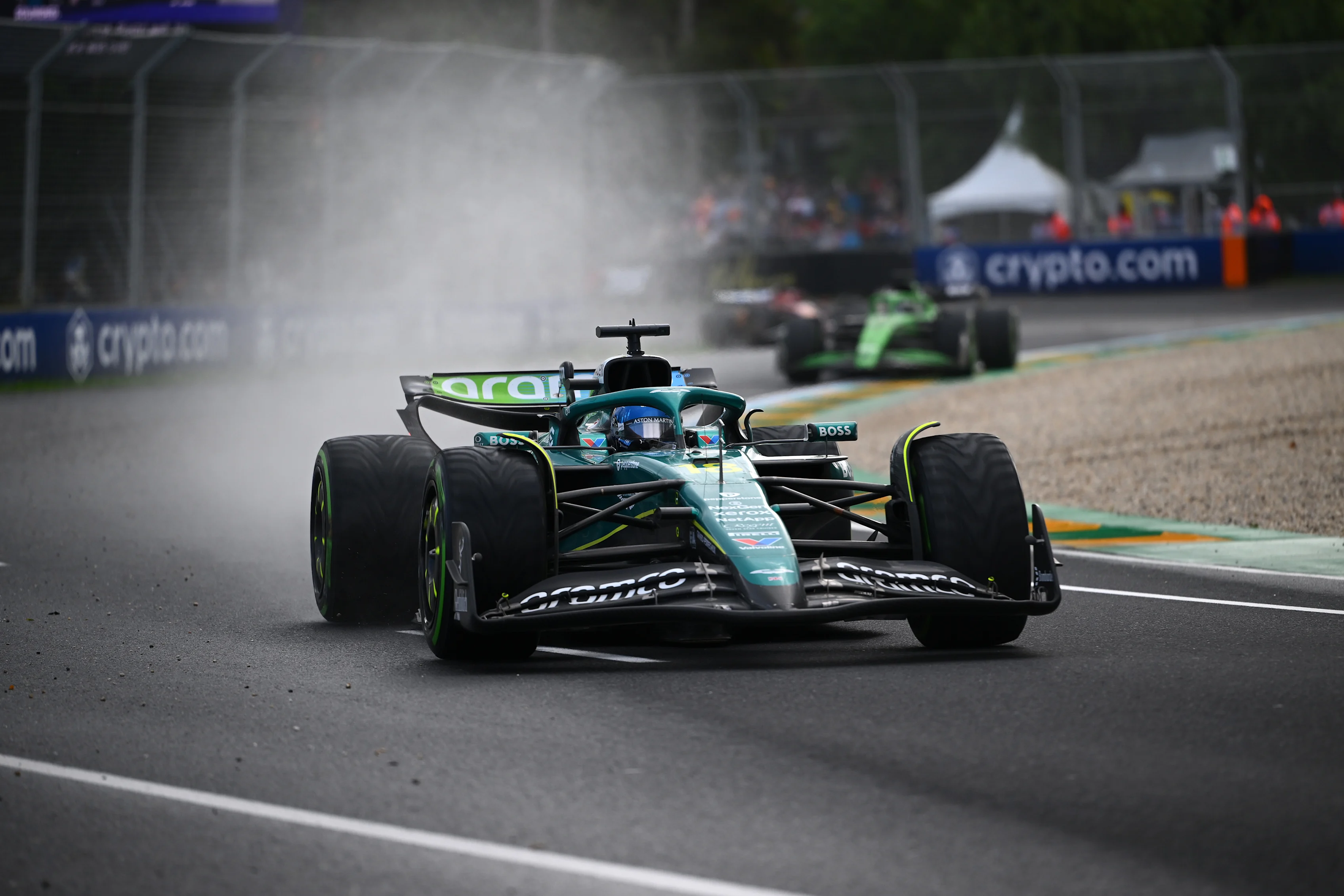MELBOURNE, AUSTRALIA - MARCH 16: Lance Stroll of Canada driving the (18) Aston Martin F1 Team AMR25 Mercedes leads Nico Hulkenberg of Germany driving the (27) Kick Sauber C45 Ferrari on track during the F1 Grand Prix of Australia at Albert Park Grand Prix Circuit on March 16, 2025 in Melbourne, Australia. (Photo by Clive Mason/Getty Images)