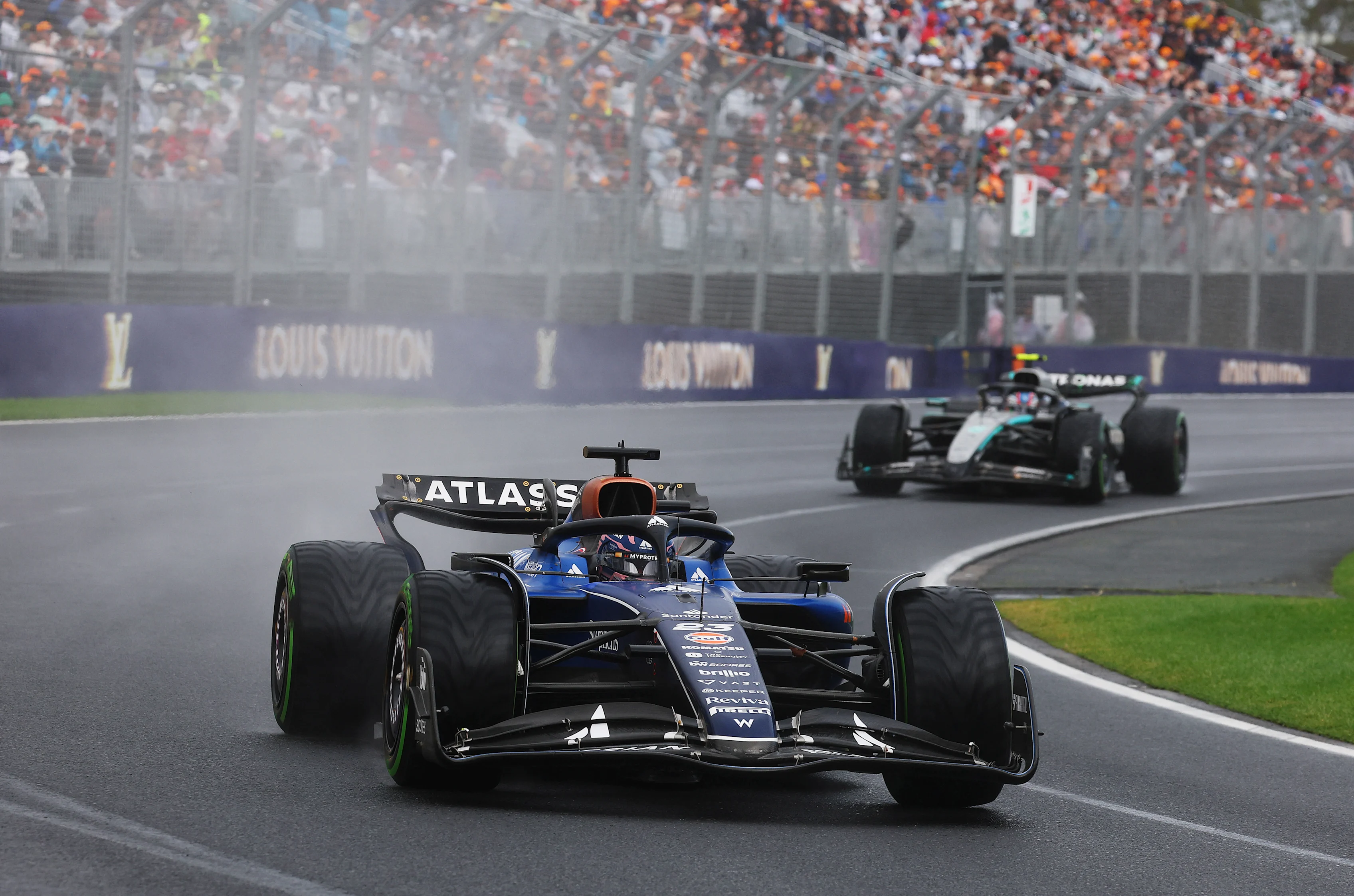 Alexander Albon leads Andrea Kimi Antonelli on track during the F1 Grand Prix of Australia at Albert Park Grand Prix Circuit on March 16, 2025 in Melbourne, Australia. (Photo by Mark Thompson/Getty Images)