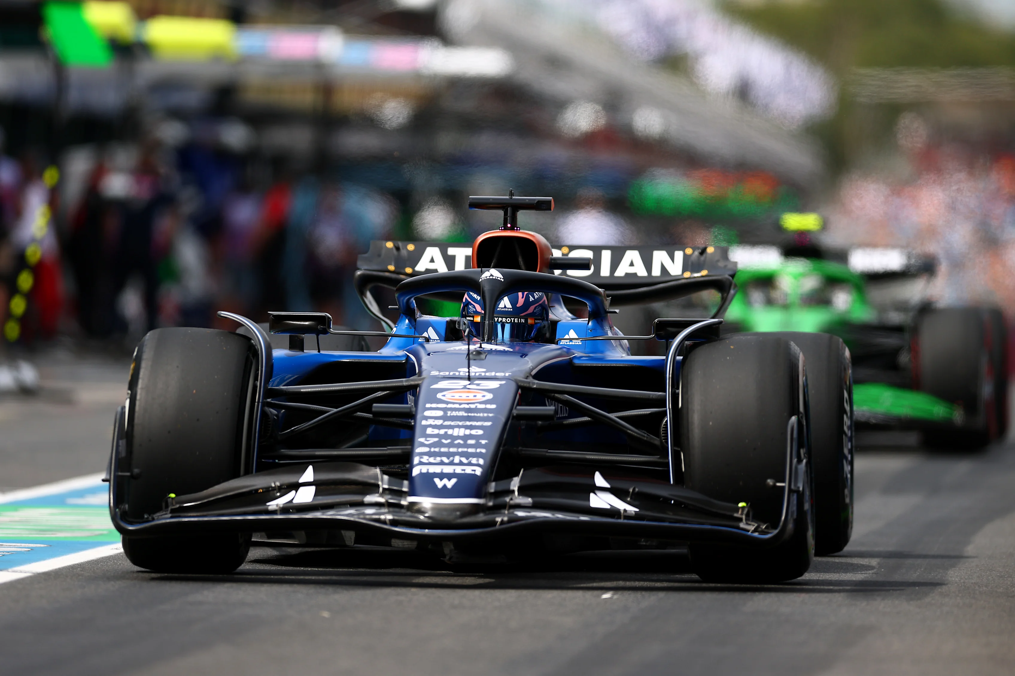 MELBOURNE, AUSTRALIA - MARCH 15: Alexander Albon of Thailand driving the (23) Williams FW47 Mercedes leads Gabriel Bortoleto of Brazil driving the (5) Kick Sauber C45 Ferrari in the Pitlane during final practice ahead of the F1 Grand Prix of Australia at Albert Park Grand Prix Circuit on March 15, 2025 in Melbourne, Australia. (Photo by Bryn Lennon - Formula 1/Formula 1 via Getty Images)