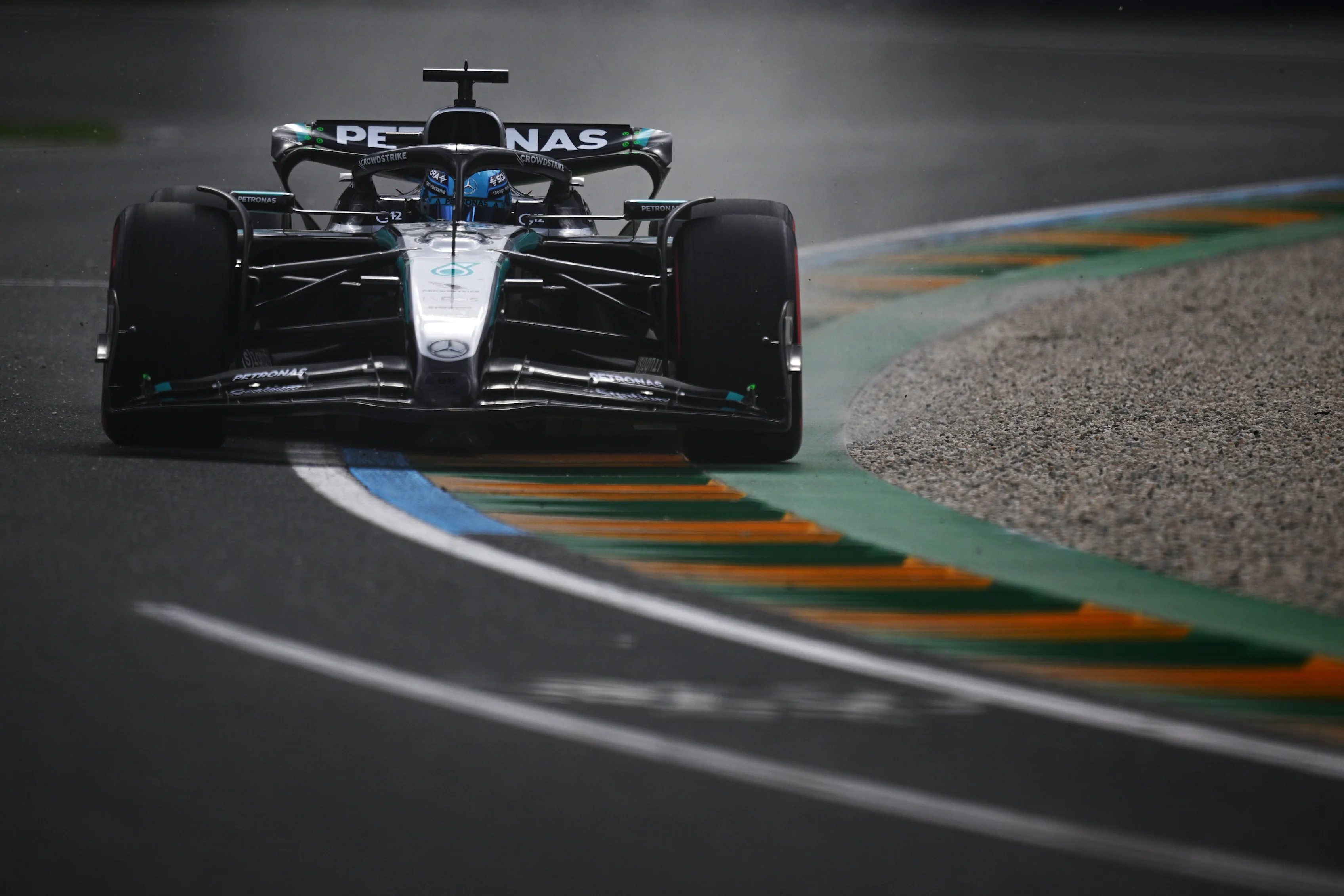 MELBOURNE, AUSTRALIA - MARCH 15: George Russell of Great Britain driving the (63) Mercedes AMG