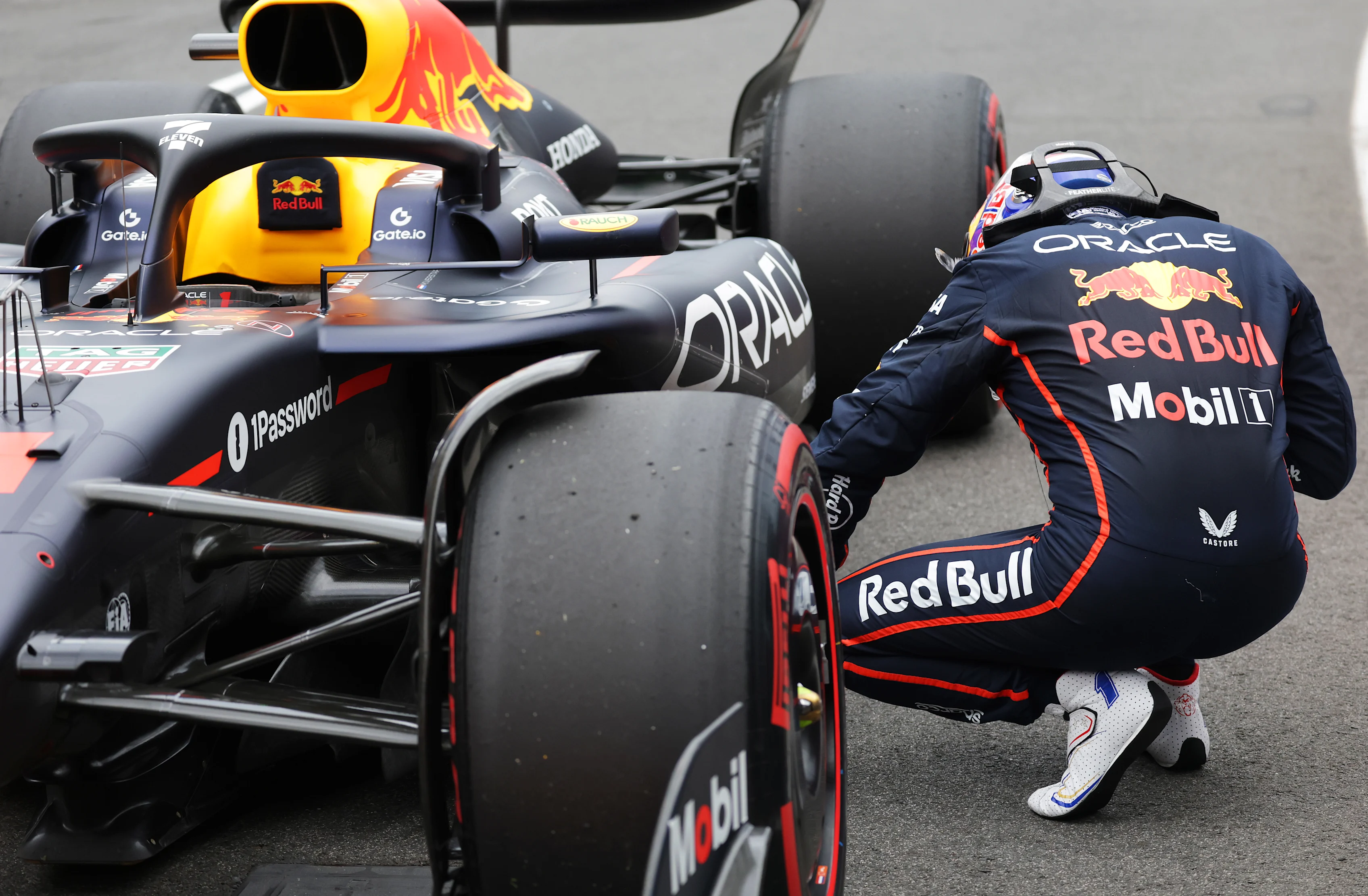 MELBOURNE, AUSTRALIA - MARCH 15: Third placed qualifier Max Verstappen of the Netherlands and Oracle Red Bull Racing inspects his car during qualifying ahead of the F1 Grand Prix of Australia at Albert Park Grand Prix Circuit on March 15, 2025 in Melbourne, Australia. (Photo by Mark Thompson/Getty Images)