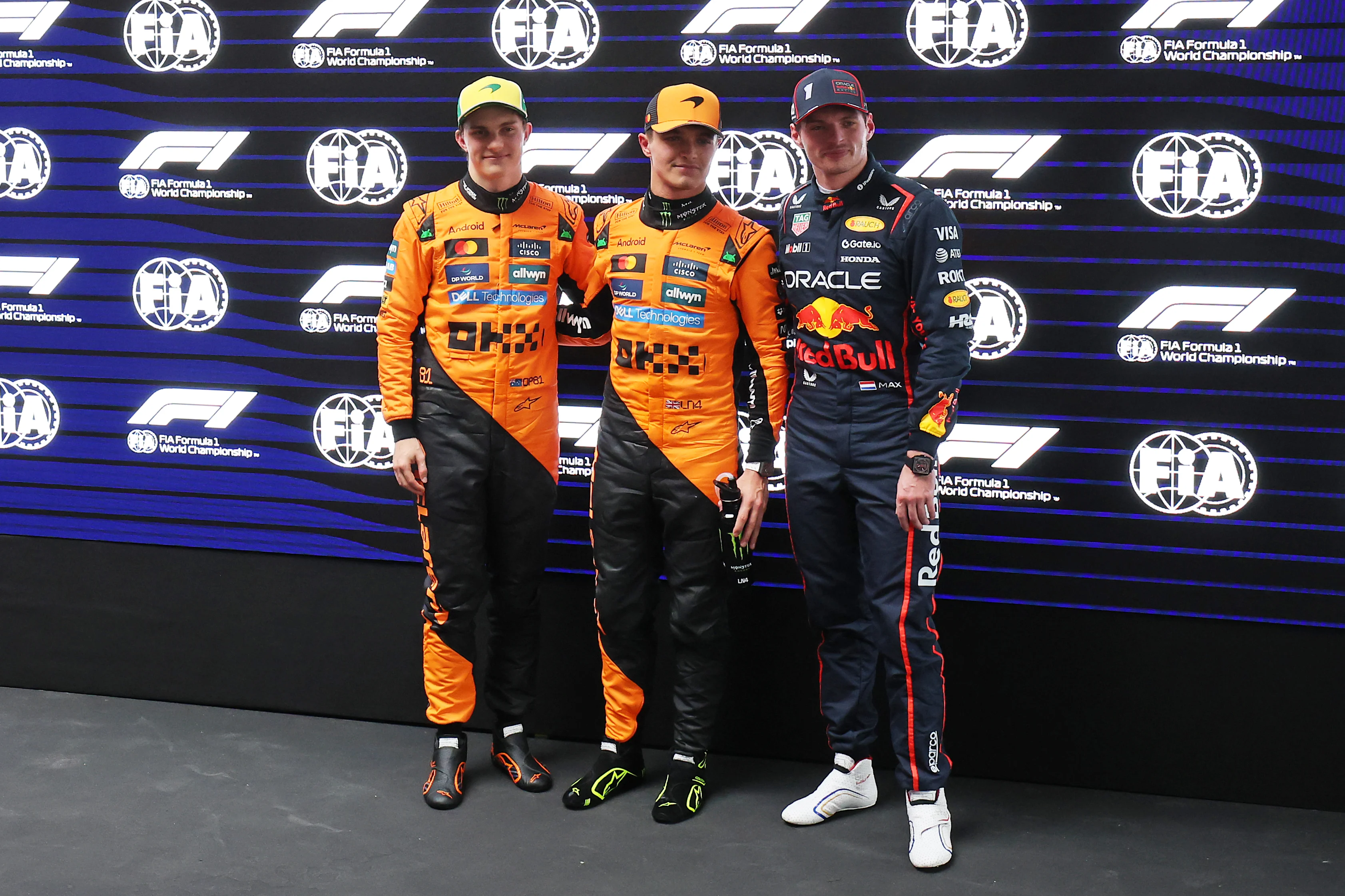 MELBOURNE, AUSTRALIA - MARCH 15: Second placed qualifier Oscar Piastri of Australia and McLaren Pole position qualifier Lando Norris of Great Britain and McLaren and 3Max Verstappen of the Netherlands and Oracle Red Bull Racing during qualifying ahead of the F1 Grand Prix of Australia at Albert Park Grand Prix Circuit on March 15, 2025 in Melbourne, Australia. (Photo by Getty Images/Getty Images)