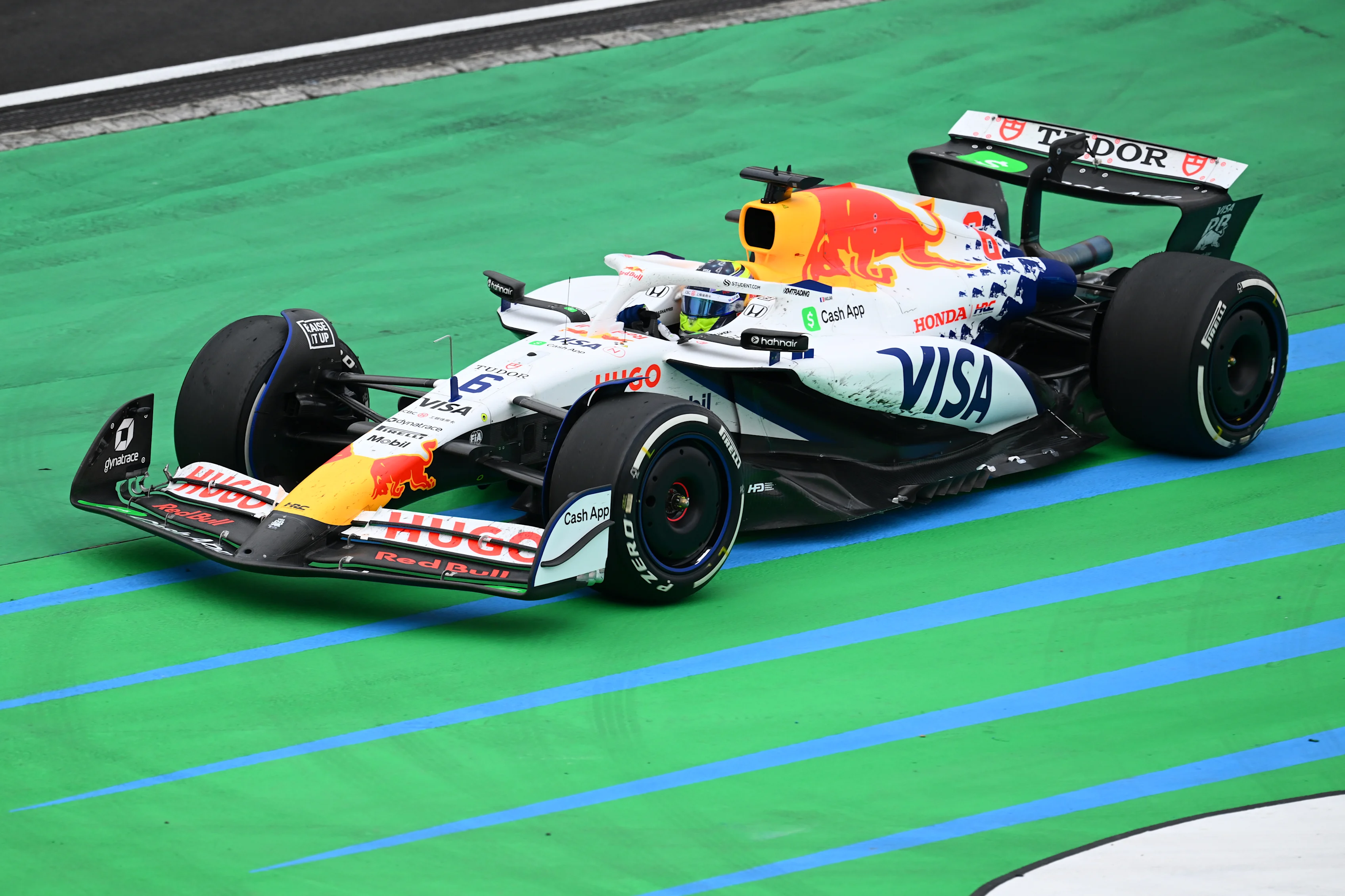 SHANGHAI, CHINA - MARCH 23: Isack Hadjar of France driving the (6) Visa Cash App Racing Bulls VCARB 02 runs wide during the F1 Grand Prix of China at Shanghai International Circuit on March 23, 2025 in Shanghai, China. (Photo by Clive Mason/Getty Images)