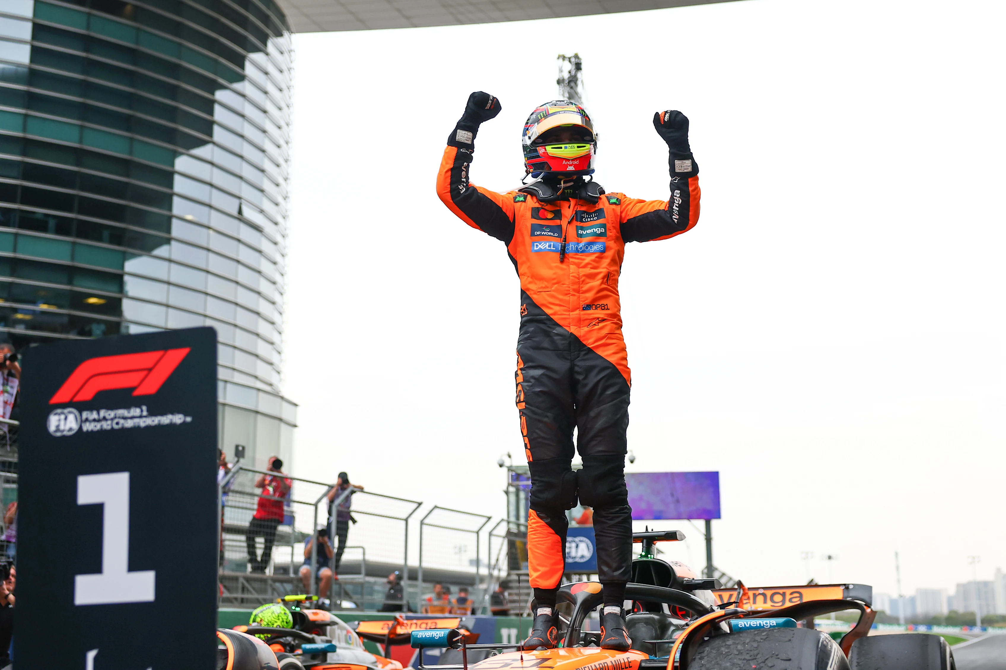 SHANGHAI, CHINA - MARCH 23: Race winner Oscar Piastri of Australia and McLaren celebrates in parc ferme during the F1 Grand Prix of China at Shanghai International Circuit on March 23, 2025 in Shanghai, China. (Photo by Bryn Lennon - Formula 1/Formula 1 via Getty Images)